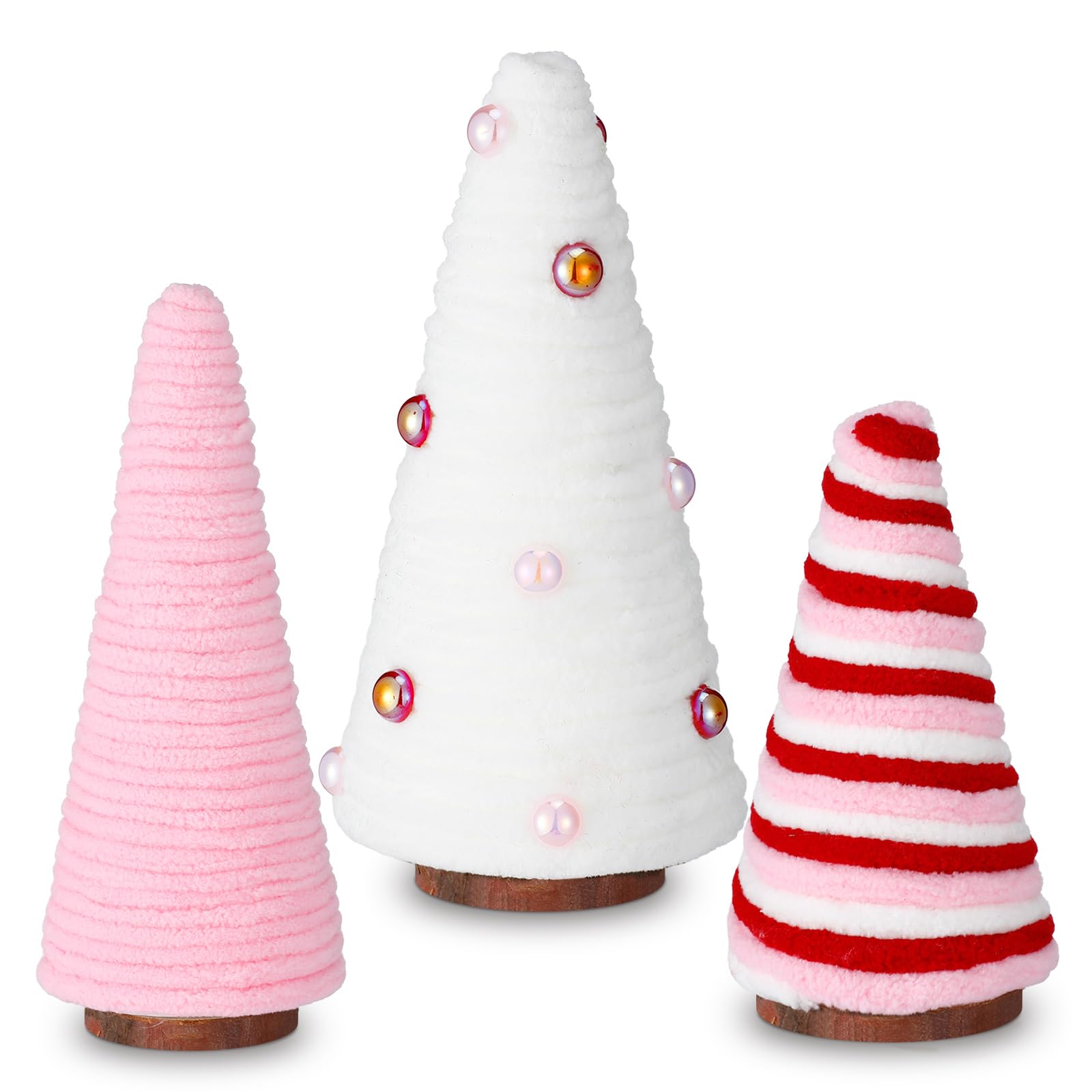 3 Pack Pink & White Yarn Wrapped Mini Trees - Valentine's Day Table Decor, Farmhouse Tiered Tray & Shelf Decorations, Romantic Centerpiece for Kitchen, Living Room & Indoor Spaces - Perfect for Valentine's Gifts & Home Décor