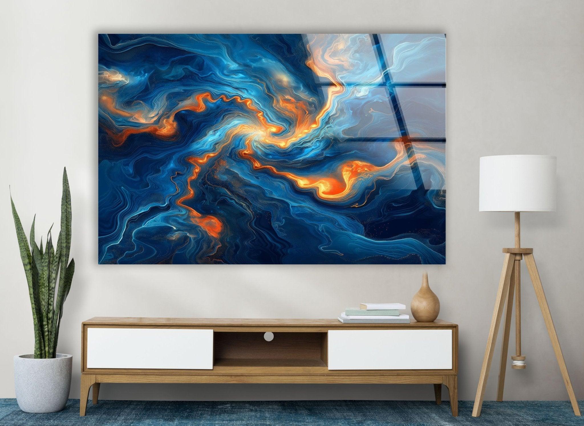 Abstract Swirling Blue and Orange Glass Wall Art - Handmade Modern Home Decor for Living Room, Bedroom & Office - Unique Contemporary Wall Sculpture