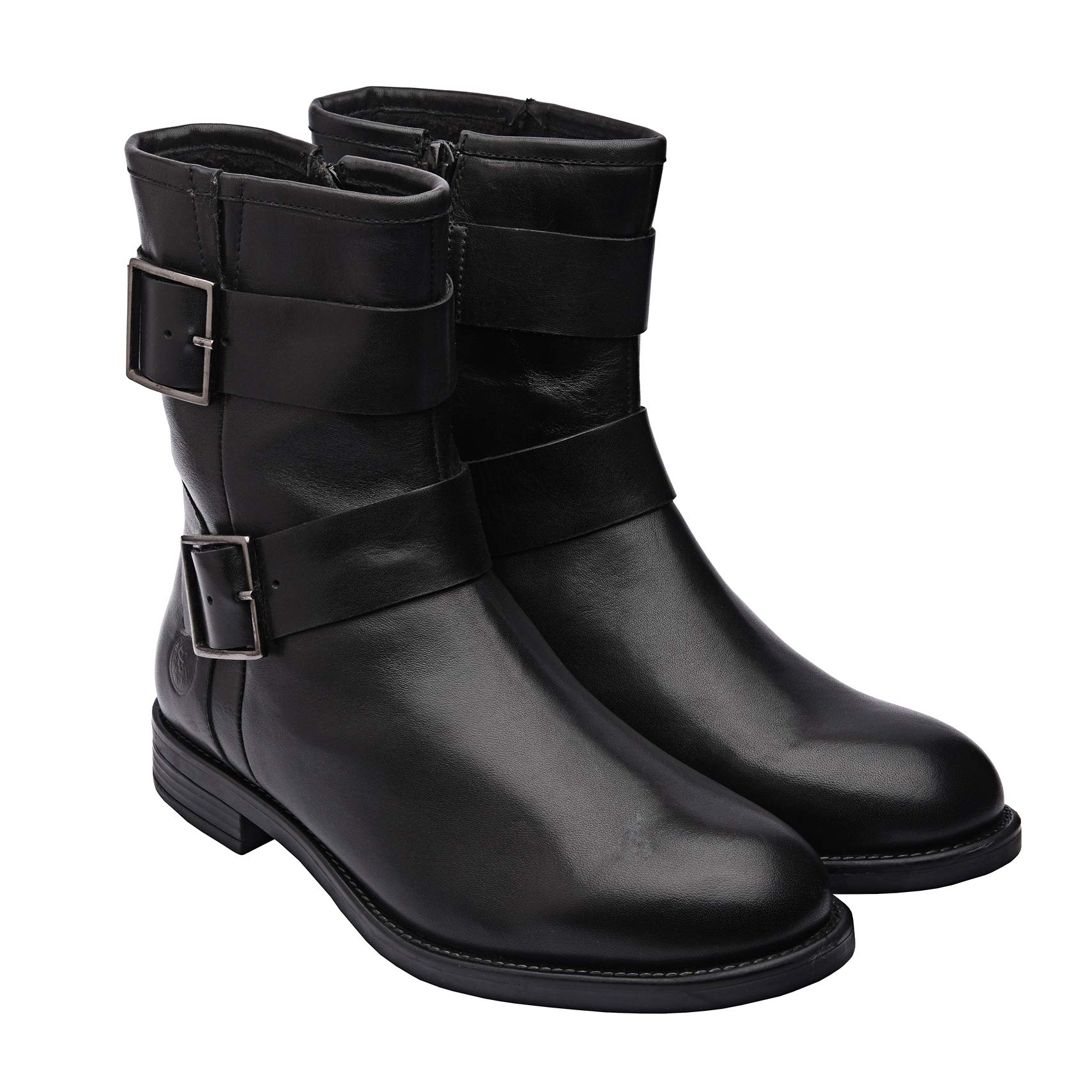 Aimee Women's Genuine Leather Boots - Short Buckle Mid-Calf & Knee High Boots with Low Heel, Handmade TPR Sole & Zip Closure (Black) | Perfect for Fall Fashion, Office Wear & Casual Outfits