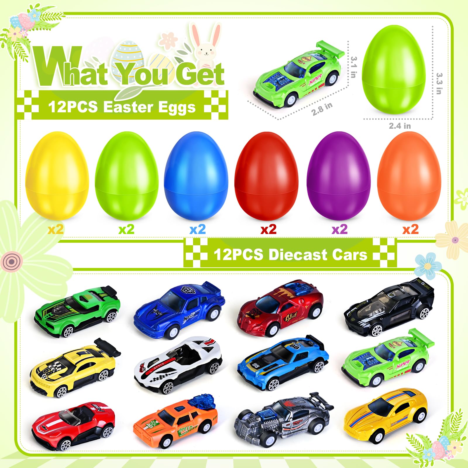 12-Pack Prefilled Easter Eggs with Die-Cast Toy Cars Inside - Fun Easter Basket Stuffers for Kids, Easter Egg Hunt Prizes & Party Favors - Perfect for Easter Games, Classroom Rewards & Holiday Celebrations