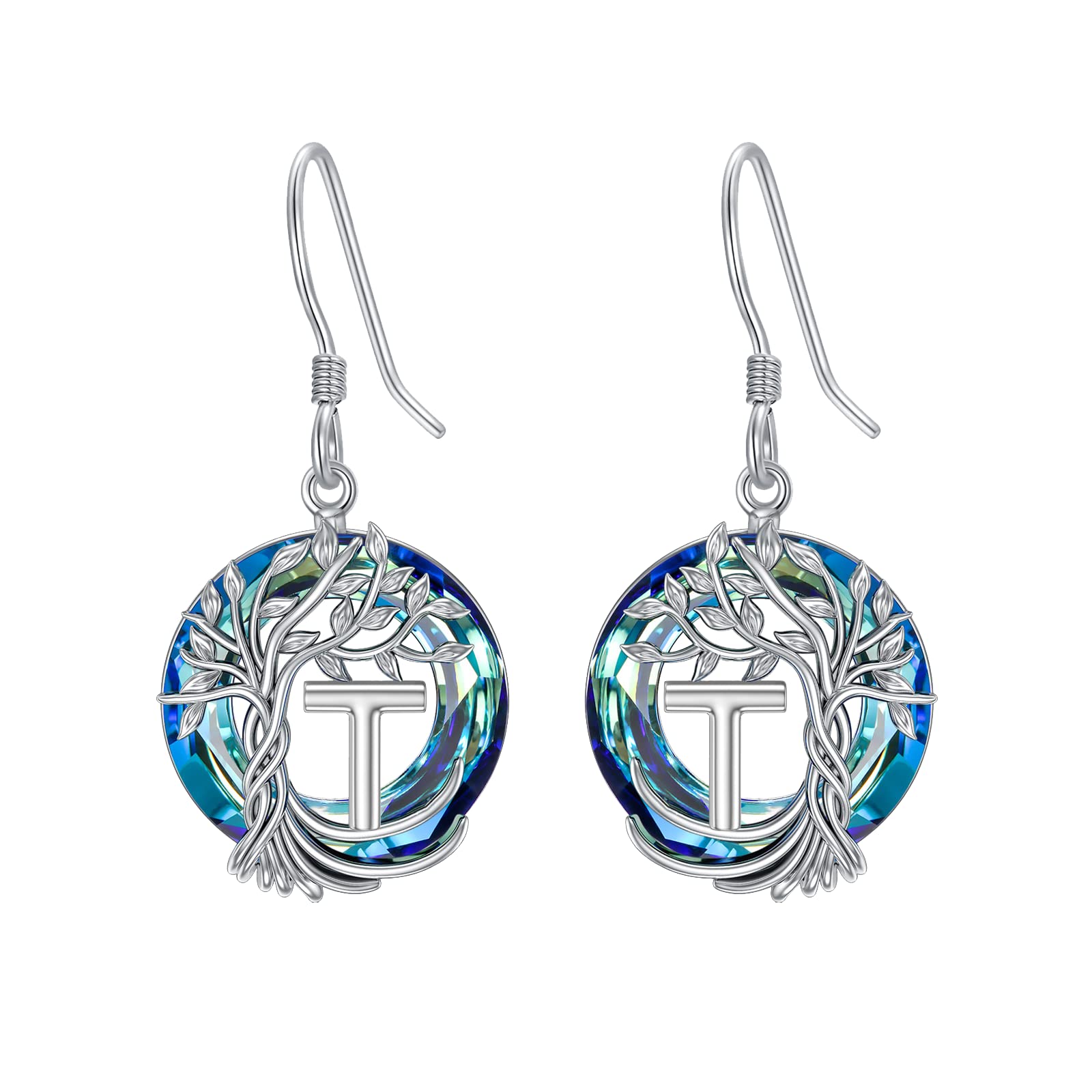 TOUPOP Tree of Life Initial Earrings 925 Sterling Silver A-Z Letter Drop Dangle Earrings with Blue Circle Crystal - Personalized Jewelry for Women, Valentine's Day, Anniversary & Birthday Gifts for Her, Girlfriend or Mom | Perfect for Romantic Occasions, Special Celebrations & Everyday Elegance