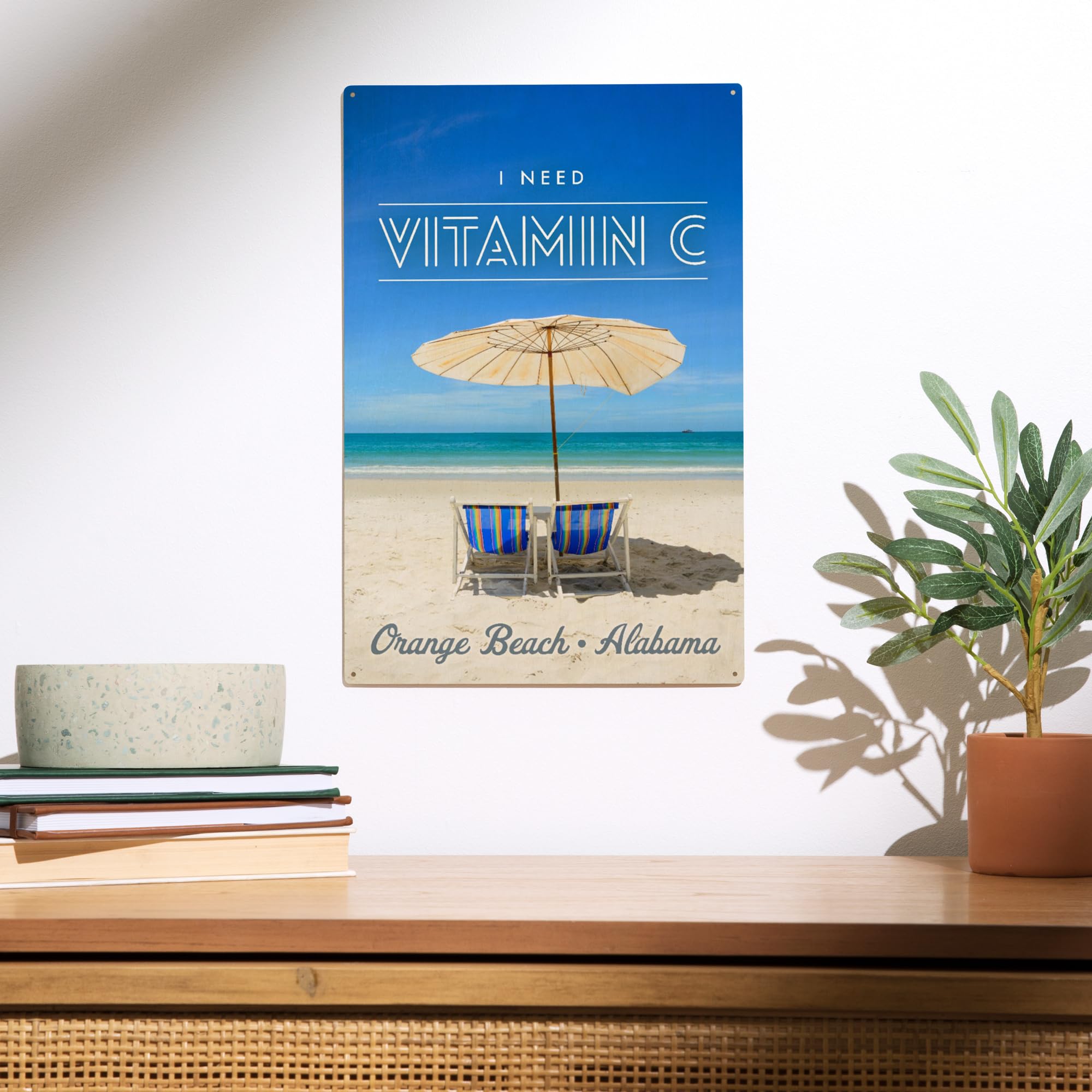 Lantern Press 10x15 Inch Wooden Wall Sign - Ready to Hang Coastal Decor with 'I Need Vitamin C' Design Featuring Beach Chairs & Umbrellas - Perfect for Orange Beach Alabama Themed Rooms, Beach Houses & Vacation Home Decor