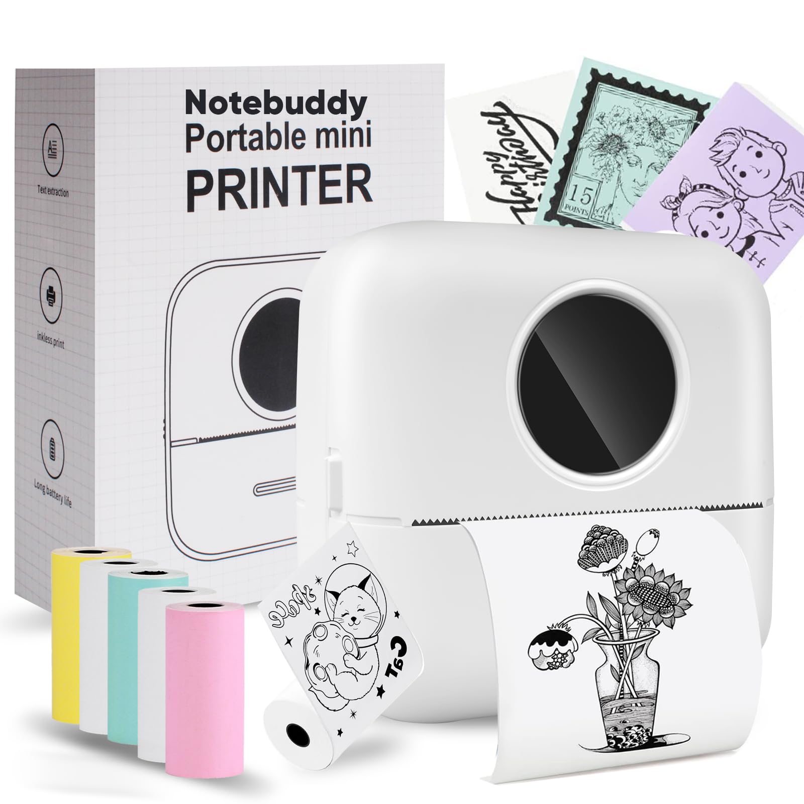 BRONA Notebuddy Mini Portable Bluetooth Thermal Printer - Wireless Inkless Pocket Printer for iOS & Android with 5 Thermal Paper Rolls - Perfect for Journaling, DIY Scrapbooking, Travel Notes, Shopping Lists, Labels & Memos - Compact Receipt Printer for Home, Office & On-the-Go Use