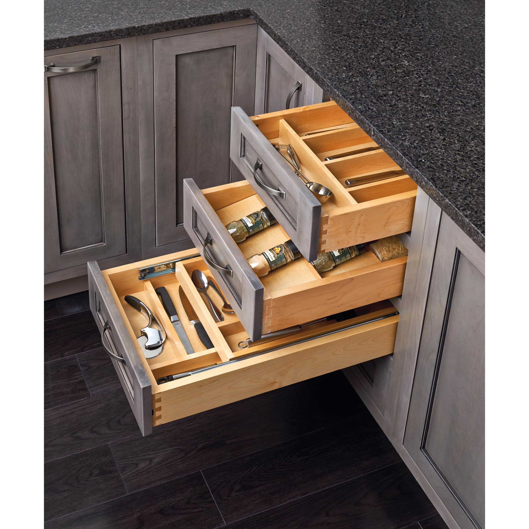 Rev-A-Shelf Adjustable Silverware Drawer Organizer - 9-Compartment Natural Maple Wood Utensil Tray for Kitchen Cutlery Storage | Fits Most Cabinets | Perfect for Organizing Forks, Spoons & Knives