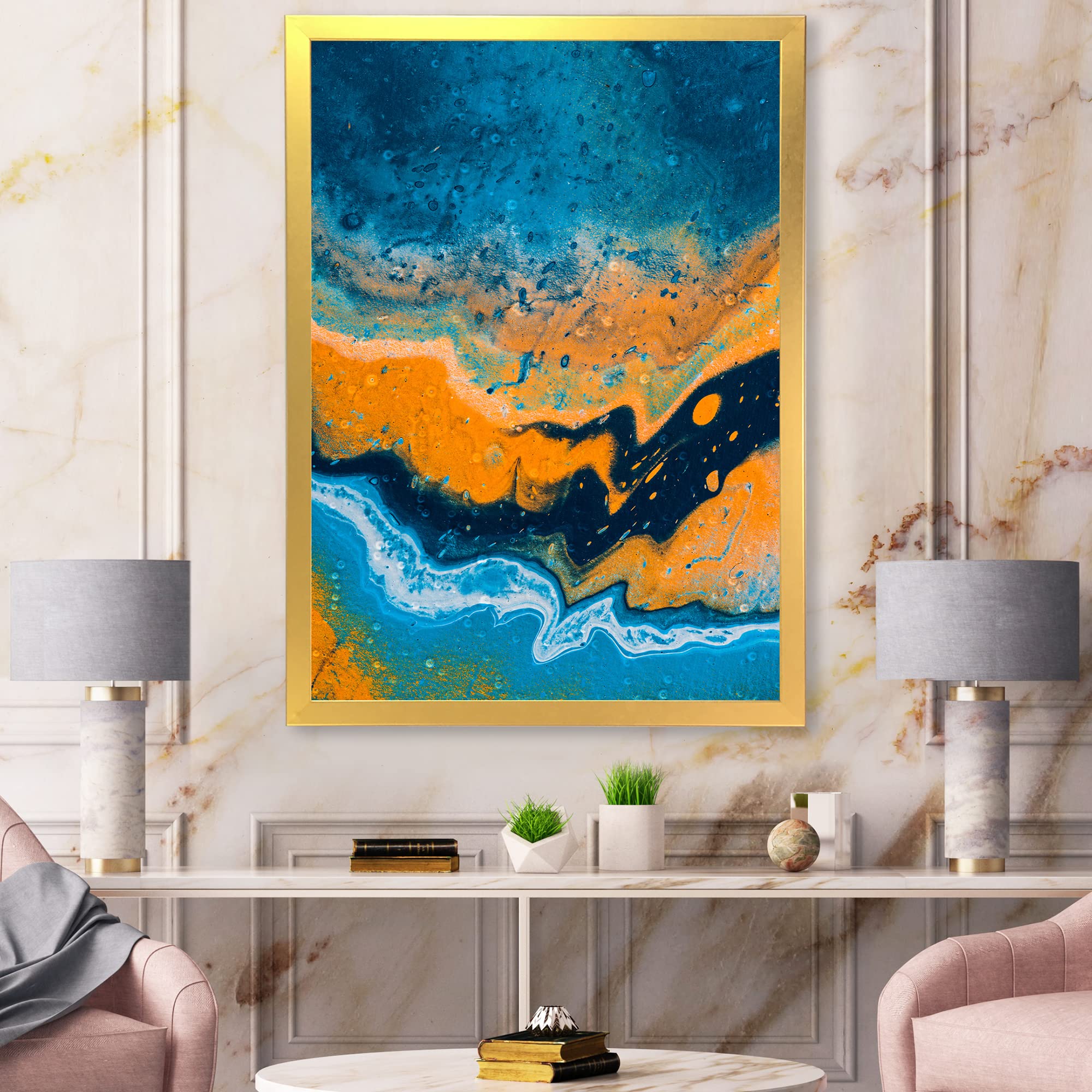 Abstract Marble Composition Blue & Orange IV - Modern Framed Wall Art for Living Room, Bedroom & Office Decor | Premium Canvas Painting Home Décor
