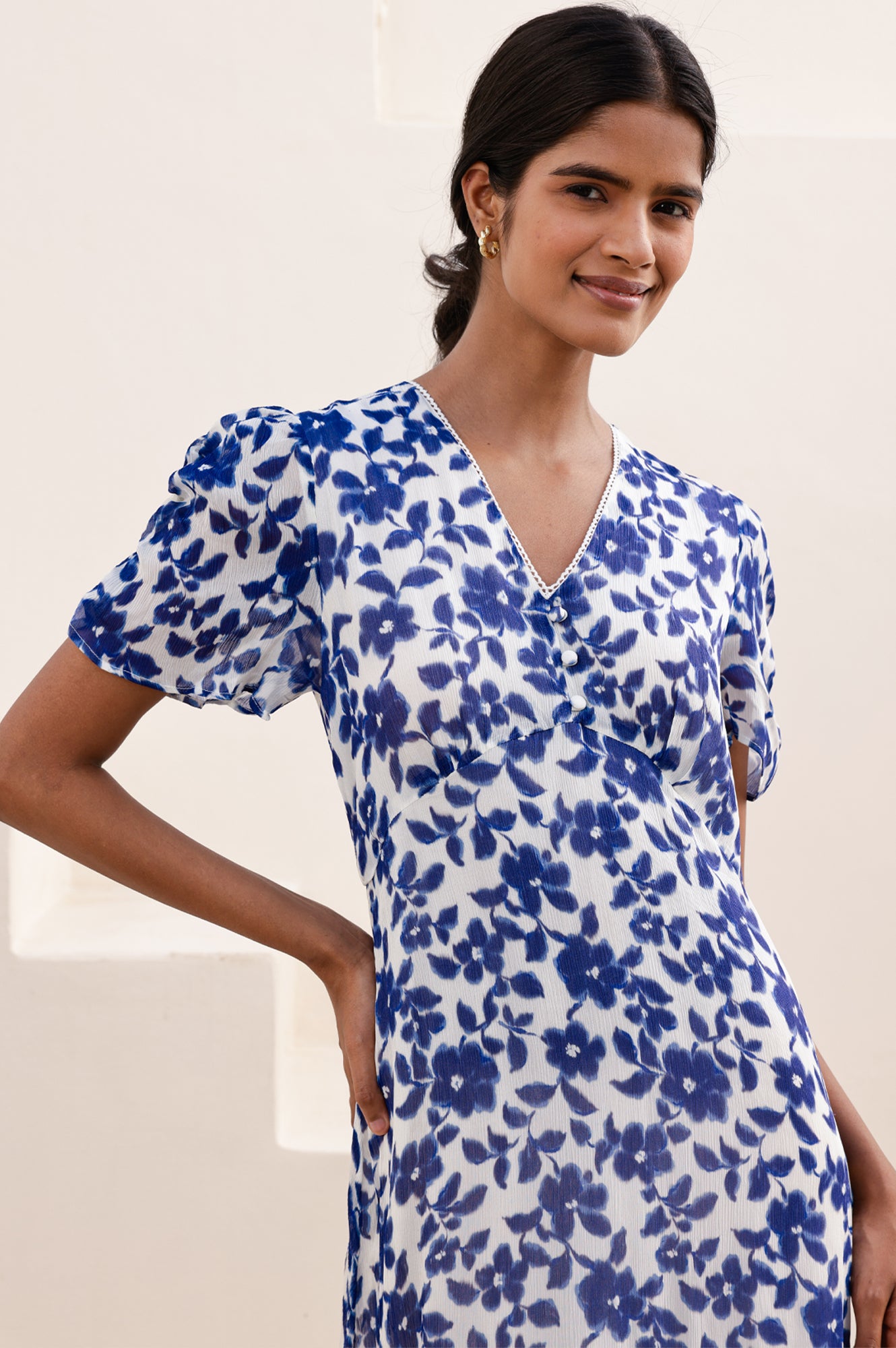 Ellery Floral Print Dress for Women - Blossom Cream & Navy Blue - Perfect for Spring Weddings, Garden Parties & Summer Outings
