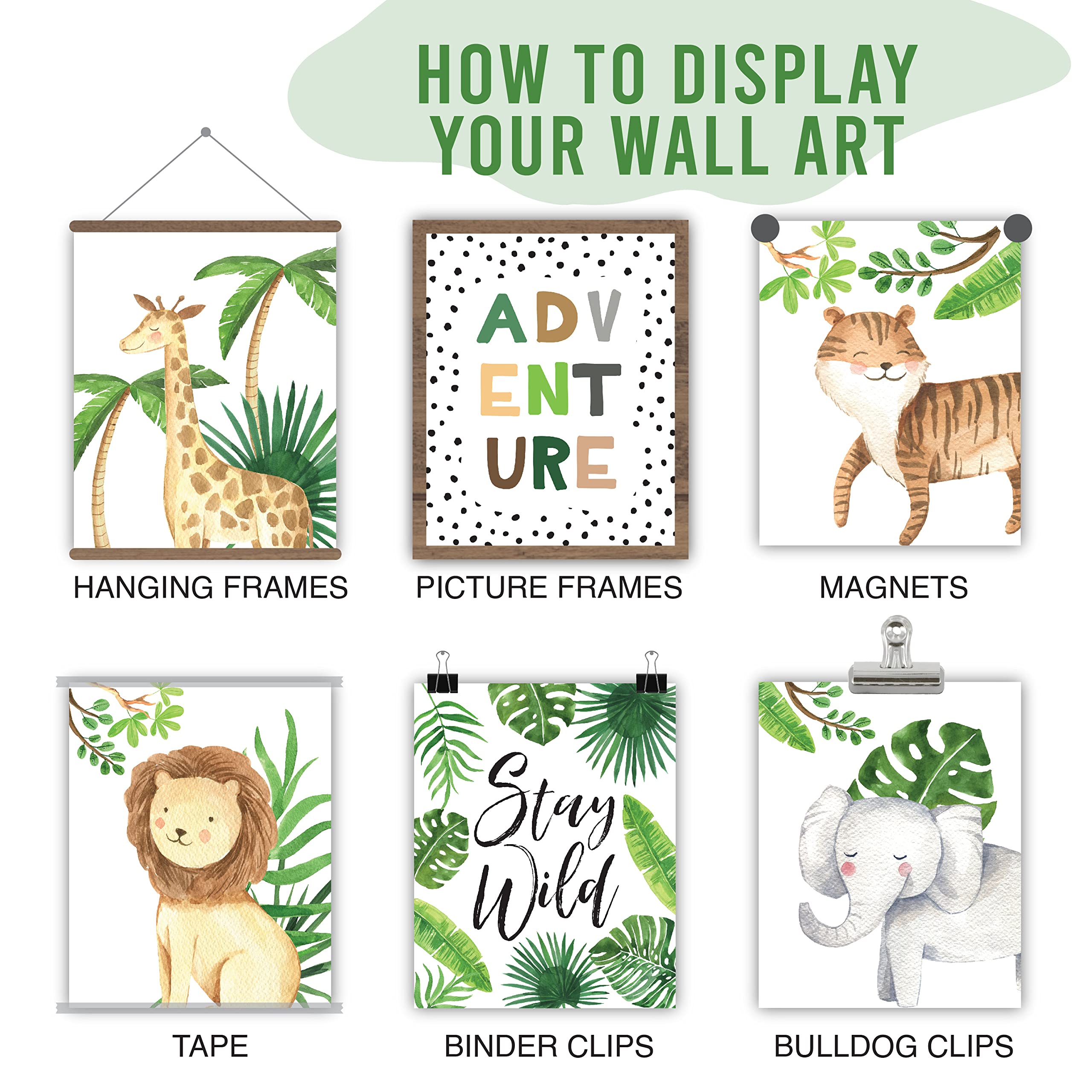 6 Reversible 8x10 Safari Nursery Wall Art Prints - Jungle Animal Classroom Decor, Baby Shower & Birthday Party Decorations - Perfect for Jungle Theme Nursery, Kids Room, Classroom & Safari Party Decor