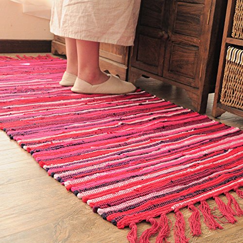 Handmade Reversible Chindi Rag Rug - Cotton Striped Bath Mat with Tassels, Multi-Color Woven Design, Machine Washable (20