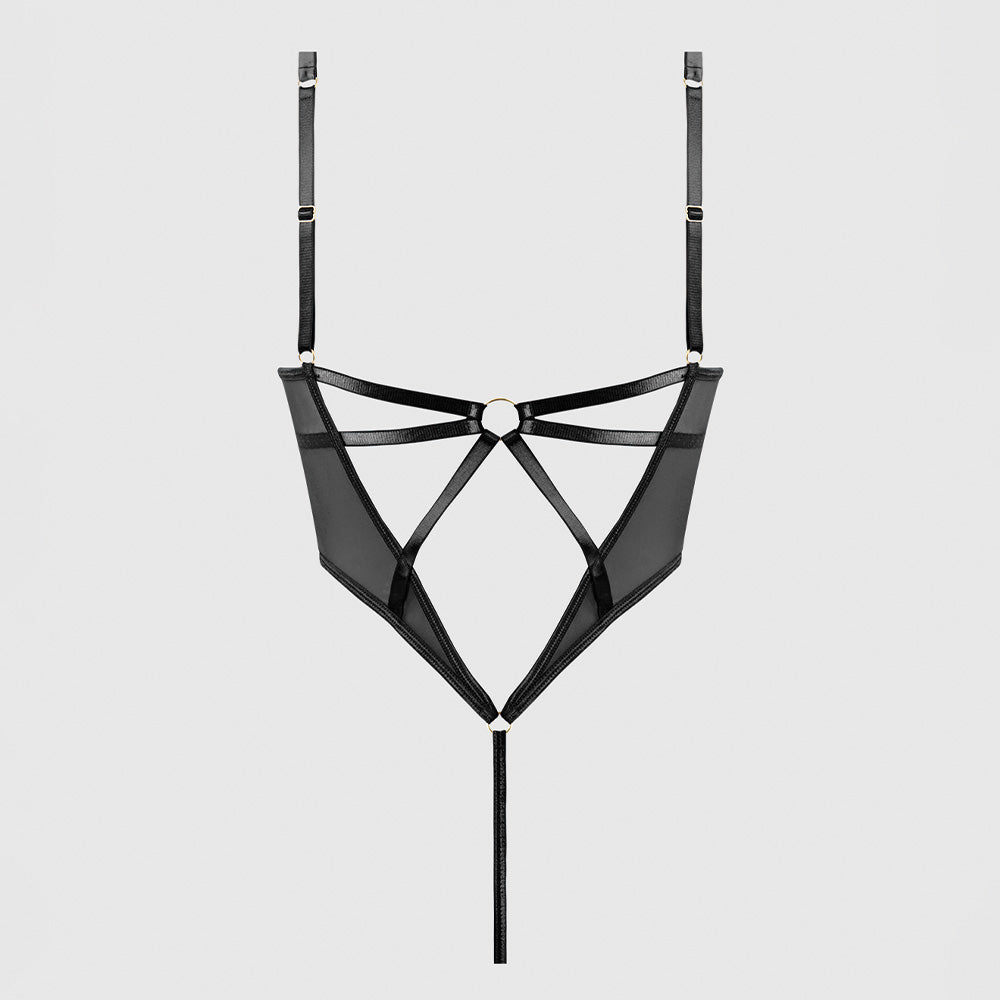 Raquel Sheer Mesh & Satin Strappy Back Teddy Lingerie - Sexy Lace Bodysuit for Women, Romantic Date Night & Boudoir Photography