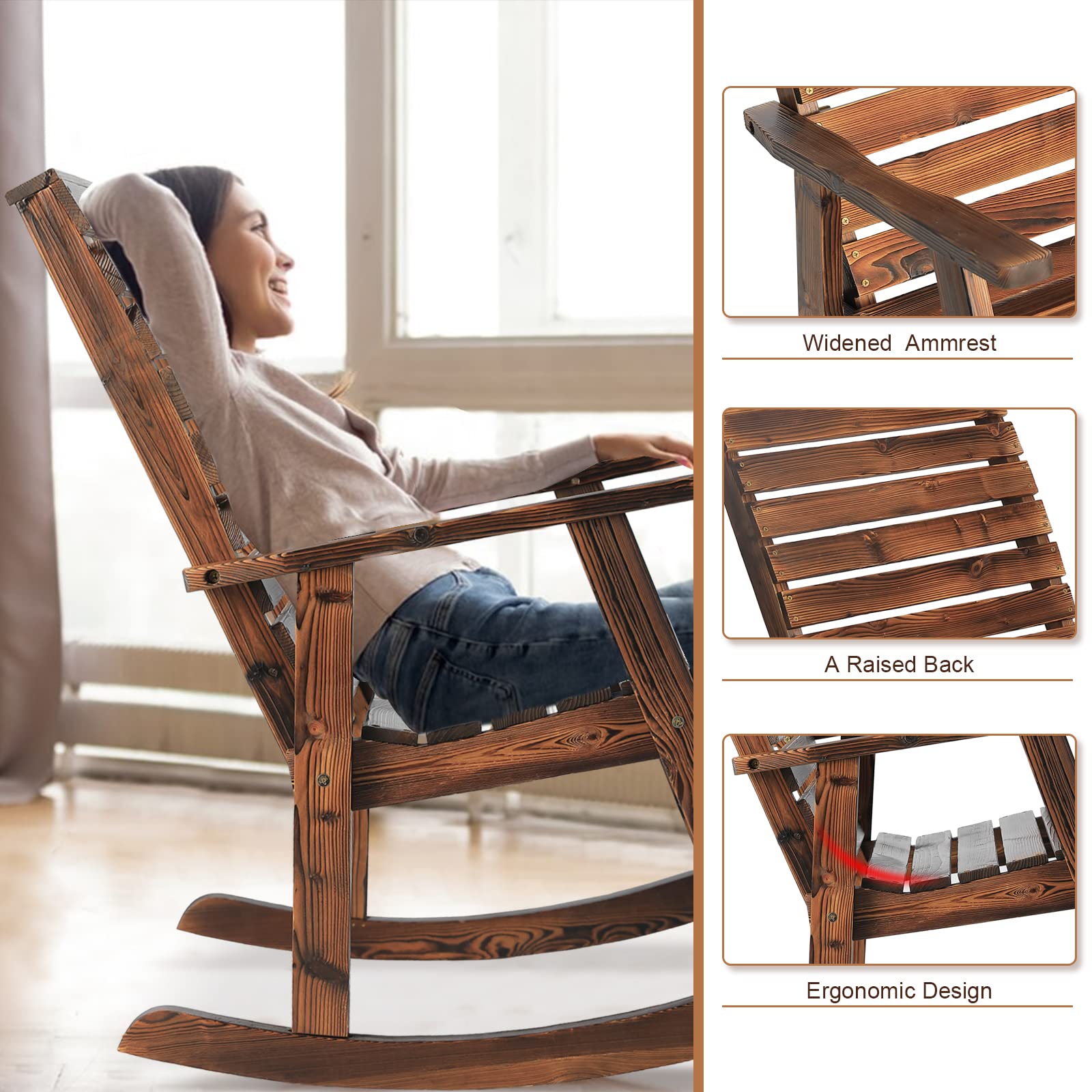 2-Piece Outdoor Rocking Chairs Set - High Back Wooden Patio Rockers for Deck, Garden, Backyard & Porch | Perfect for Relaxing, Sunbathing & Outdoor Gatherings