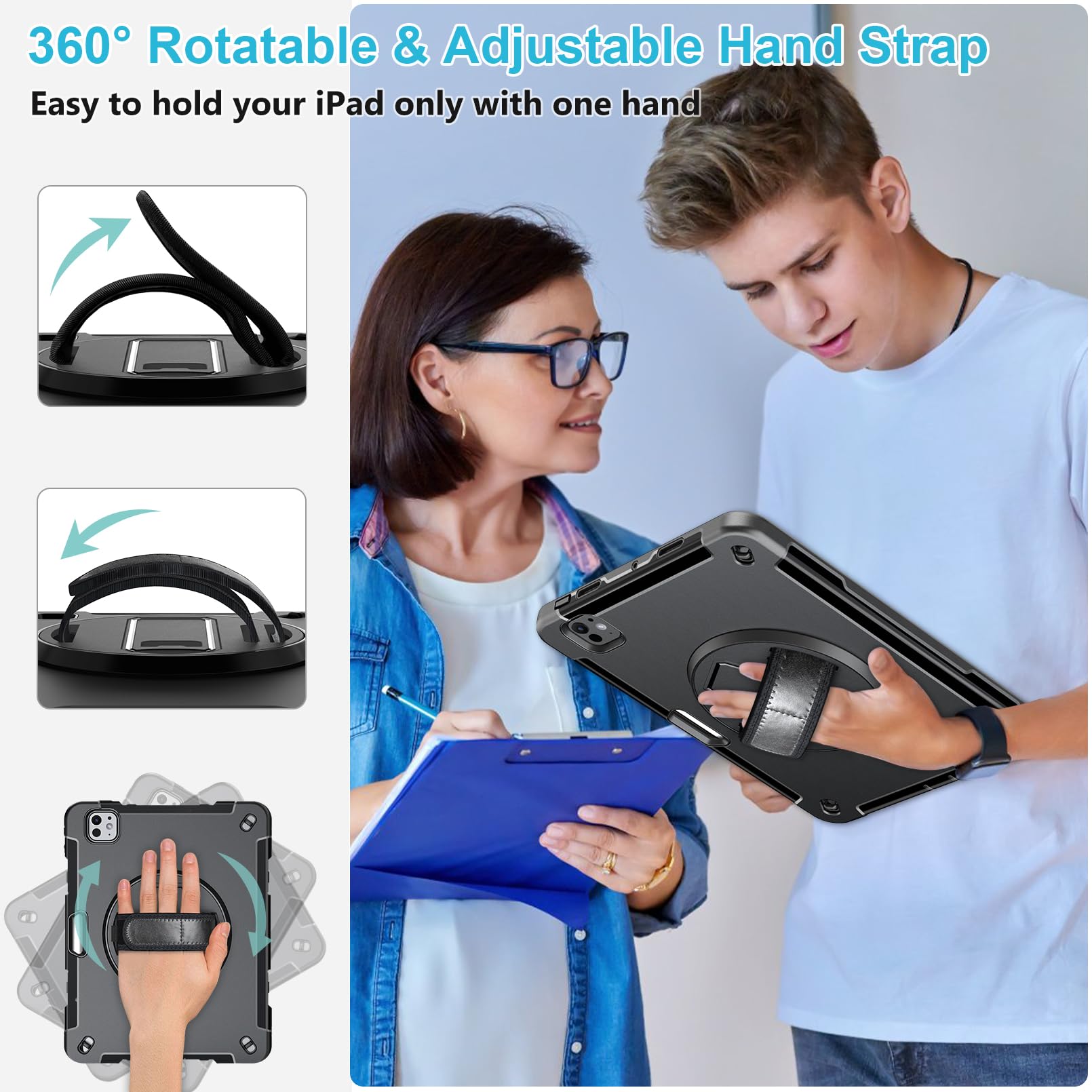2024 iPad Pro 11 M4 Case - 5th Gen Protective Cover with Screen Protector, Stand, Handle, Shoulder Strap & Pencil Holder - Black - Perfect for Work, Travel & Creative Use
