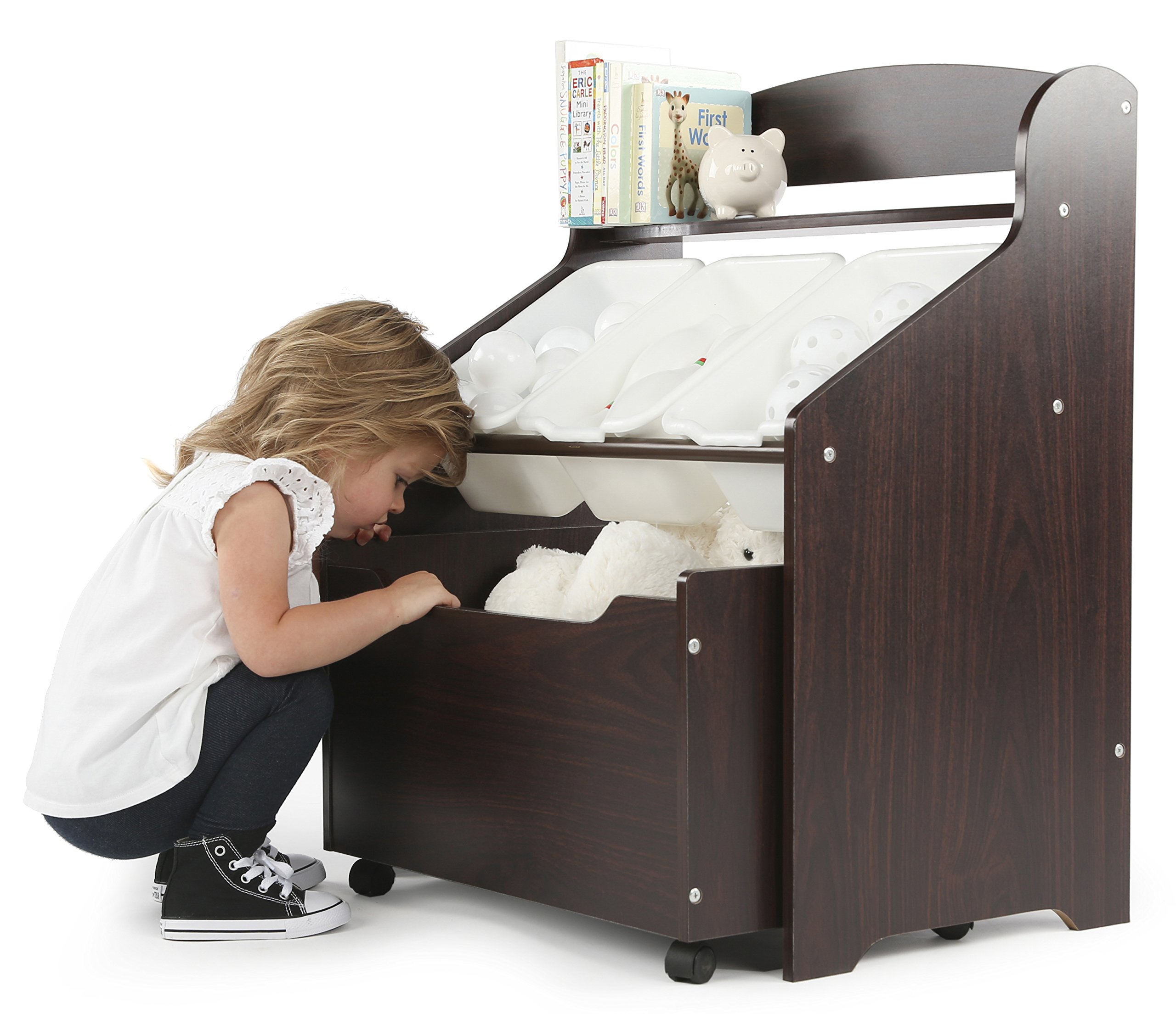 Humble Crew Toddler-Size Storage Unit with Rolling Toy Box - Espresso & White - Kids Room Organization & Toy Storage Solution for Playrooms & Daycares