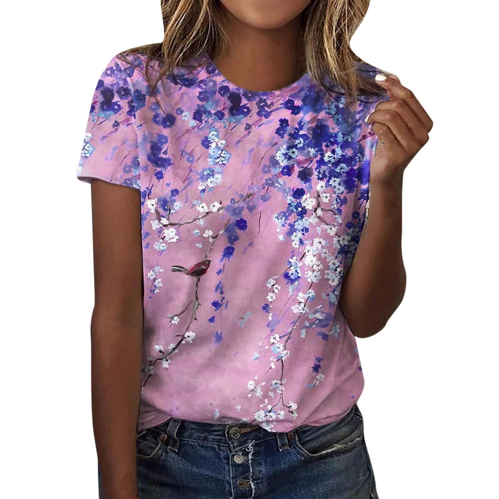 Women's Floral Printed Short Sleeve Crew Neck Blouse - Casual Summer T-Shirt & Tunic Top for Work, Date Night & Vacation Outfits