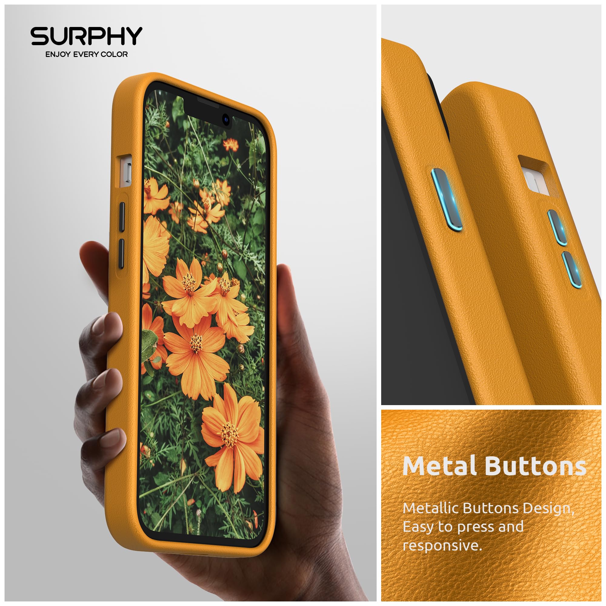 SURPHY Premium Faux Leather iPhone 13 Case (6.1 inch 2021) with Metallic Buttons & Microfiber Lining - Yellow California Poppy | Slim Protective Cover for Everyday Use, Work & Travel