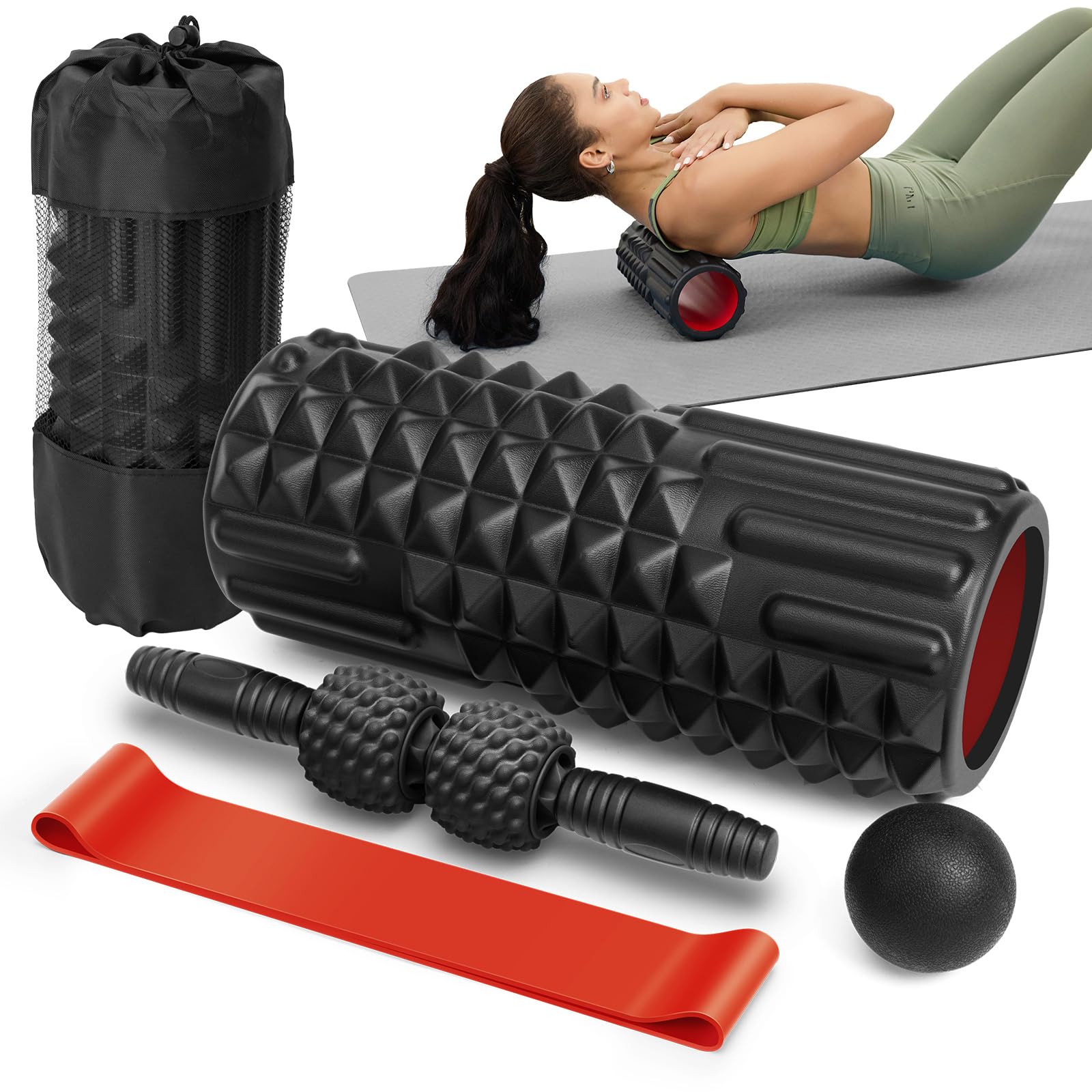 5 in 1 Foam Roller Set - Back Roller Foam, Muscle Roller Stick, Massage Ball & Resistance Band for Physical Therapy, Deep Tissue Massage & Muscle Recovery (Black) - Perfect for Home Gym, Yoga, Pilates & Post-Workout Recovery