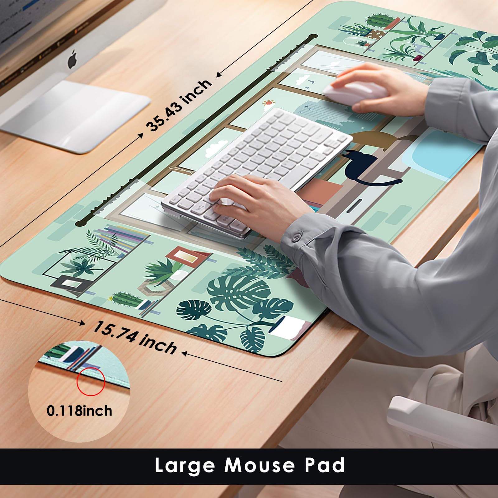 AFRITEE Sage Green Desk Mat with Cartoon Plants & Cats Design - Extra Large XL Non-Slip Office Desk Pad for Computer, Gaming & Home Workspace | Tropical Nature Themed Mousepad for Modern Desks (Home Office, Gaming Setup, Study Room)