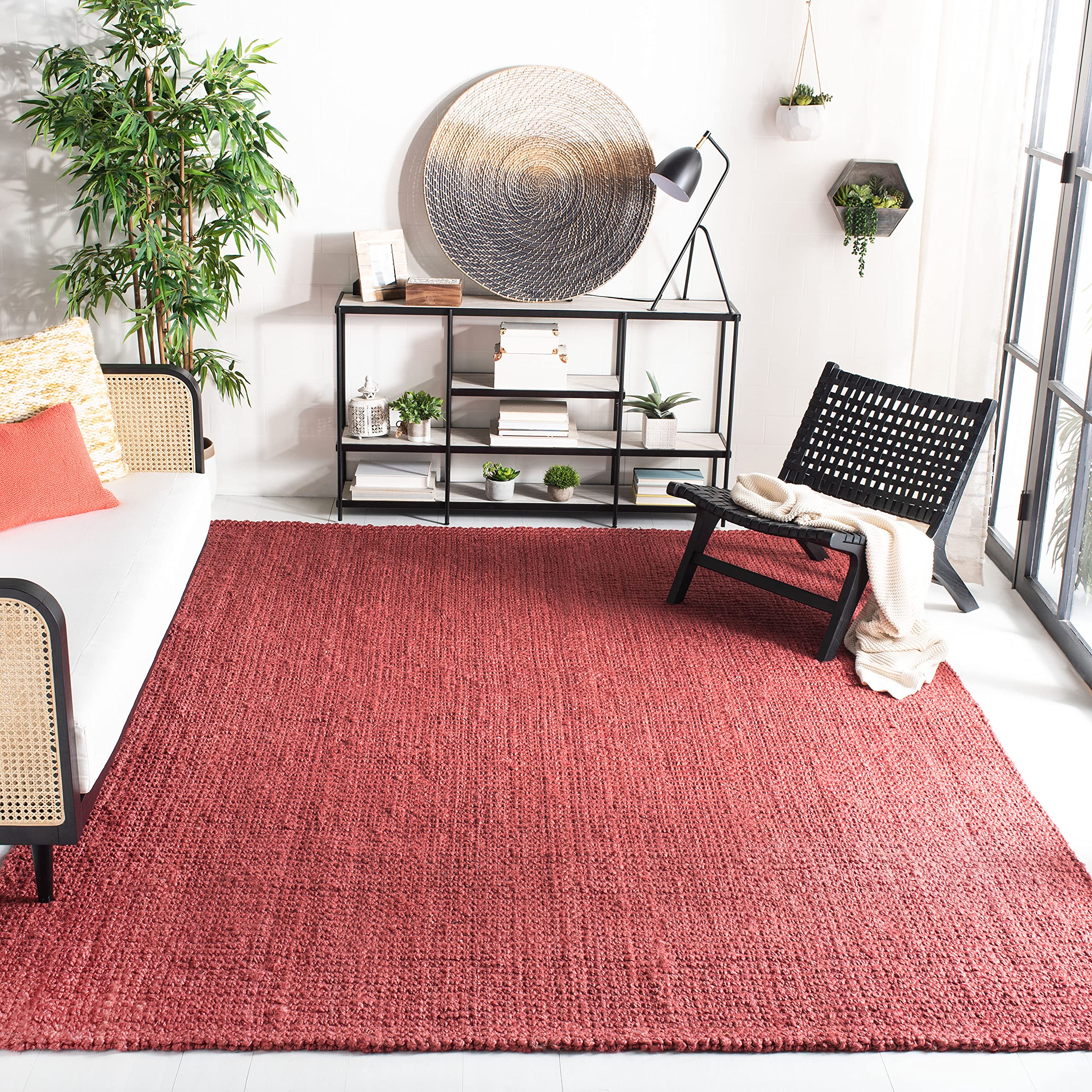 SAFAVIEH Natural Fiber Collection 7' Square Red NF730D Handmade Farmhouse Premium Jute Area Rug - Perfect for Living Room, Bedroom & Boho Home Decor