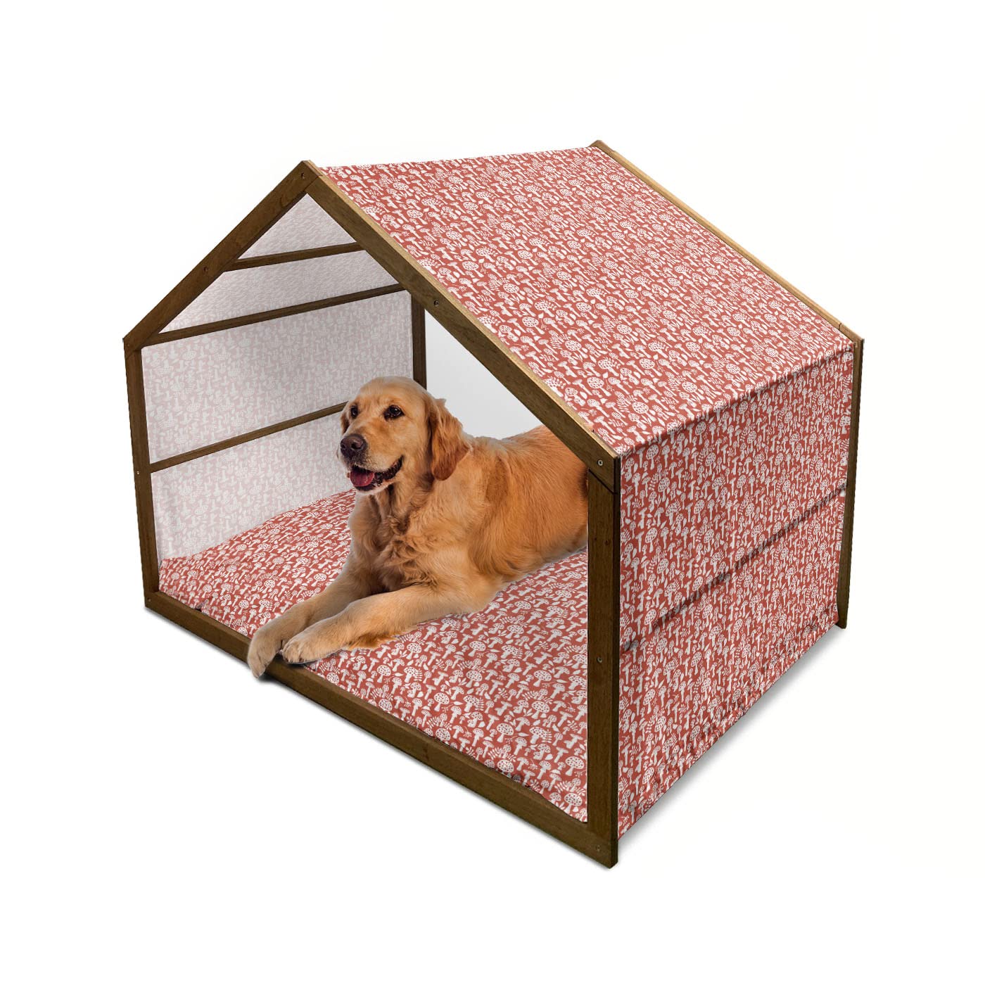 Ambesonne 2X-Large Mushroom Dog House - Amanita Pattern with Leaves & Berries Design, Portable Indoor/Outdoor Pet Kennel with Removable Pillow & Cover, Burnt Sienna White - Perfect for Backyard, Patio, or Camping Trips