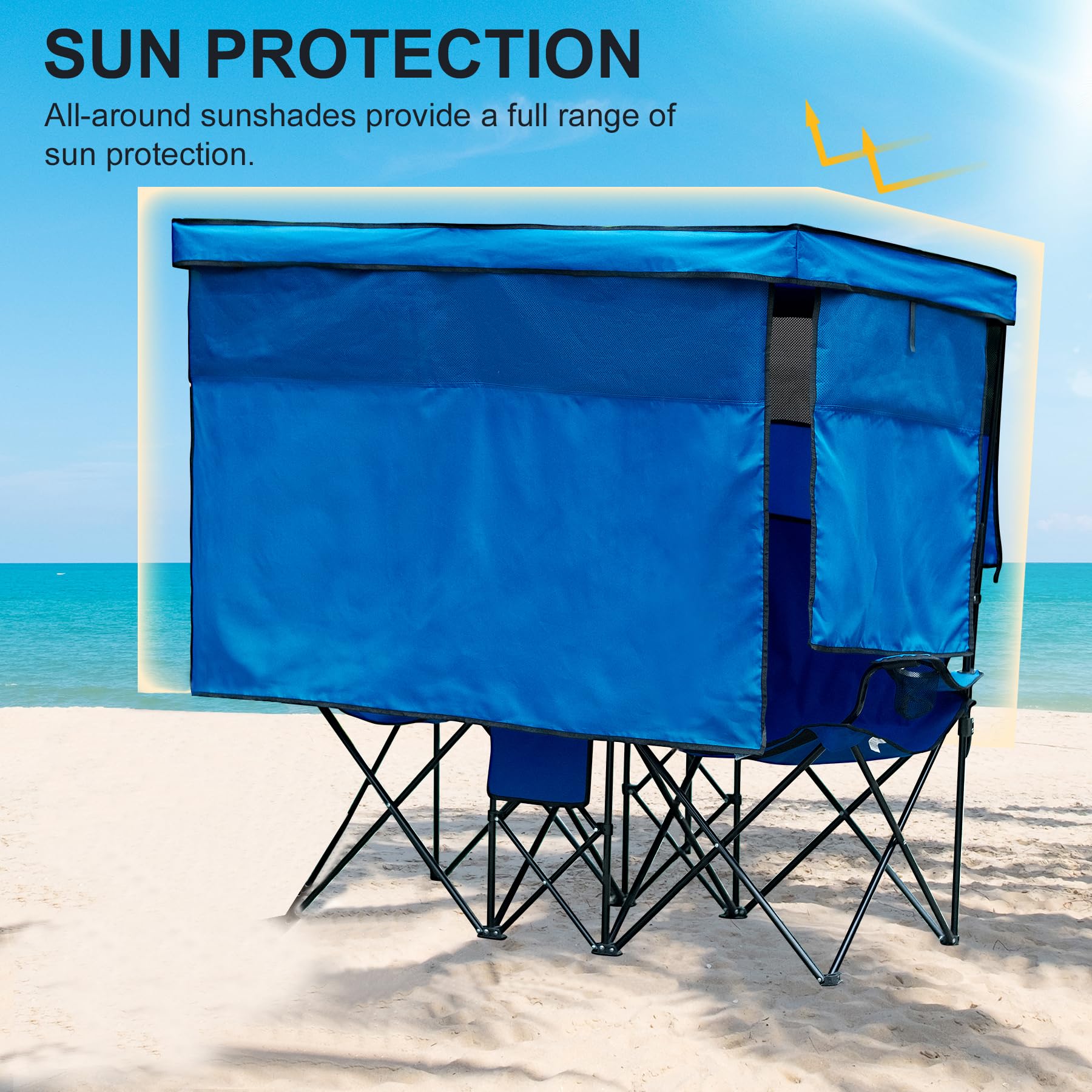 Double Camping Chair with Canopy Shade & Cup Holder - Portable Folding Loveseat with Cooler Bag for Beach, Sports, Lawn, Patio & Outdoor Activities - Perfect for Picnics, Camping Trips & Backyard Relaxation