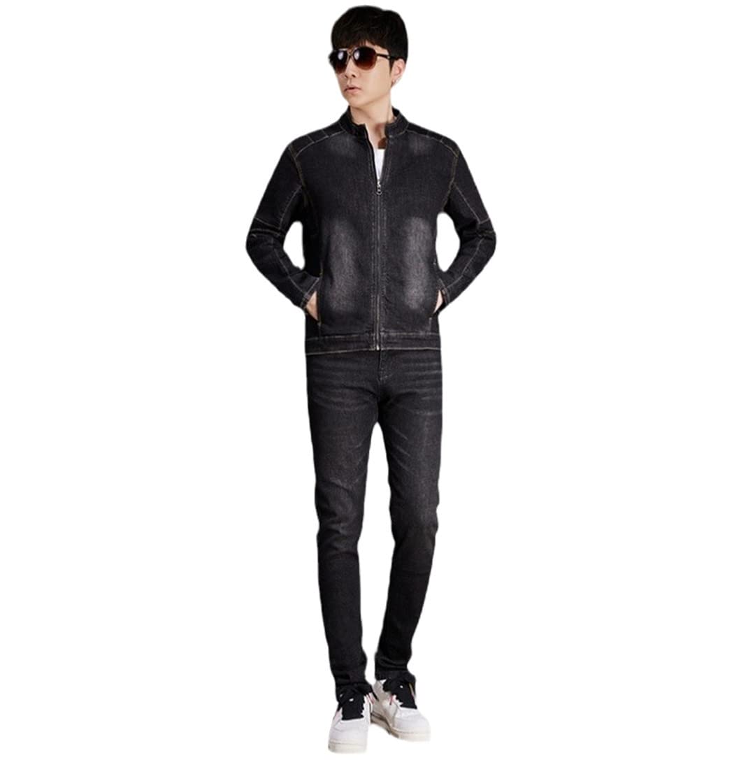 Men's Slim Fit Denim Jacket & Jeans Two-Piece Set | Stand Collar Cowboy Outfit for Spring & Fall | Casual Work Wear & Western Style Fashion