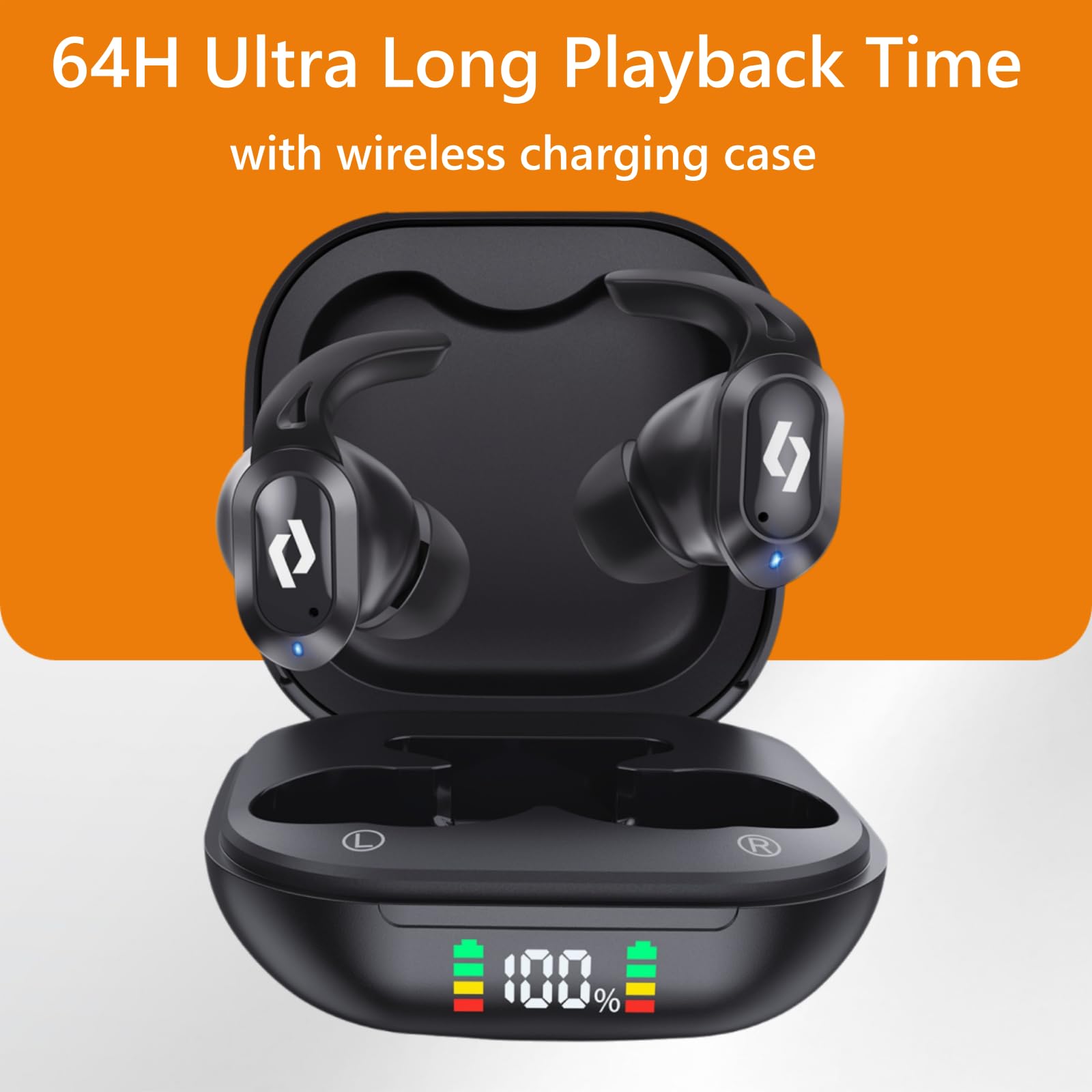 Wireless Bluetooth Earbuds with Charging Case, IPX7 Waterproof, Built-in Mic, Stereo Bass, 64H Playtime, LED Display - Compatible with iPhone/Android/Computer - Perfect for Sports, Workout, Gaming & Office Use
