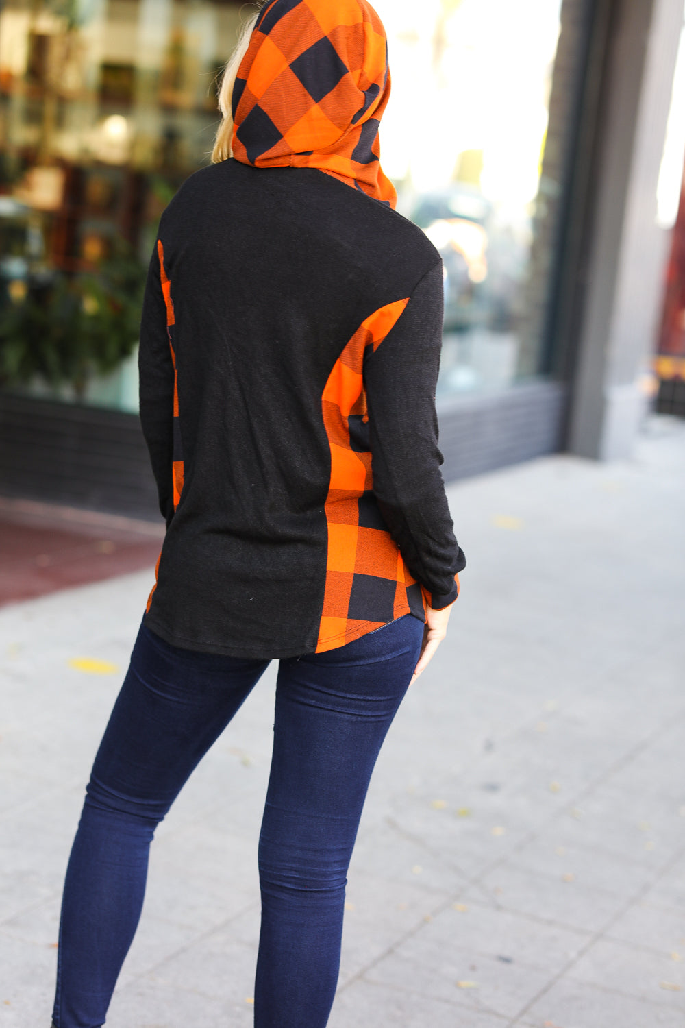 Black & Rust Plaid Hacci Knit Hoodie for Women - Cozy Fall Winter Pullover Sweatshirt - Casual Streetwear Outfit for Daily Wear, Travel & Outdoor Activities