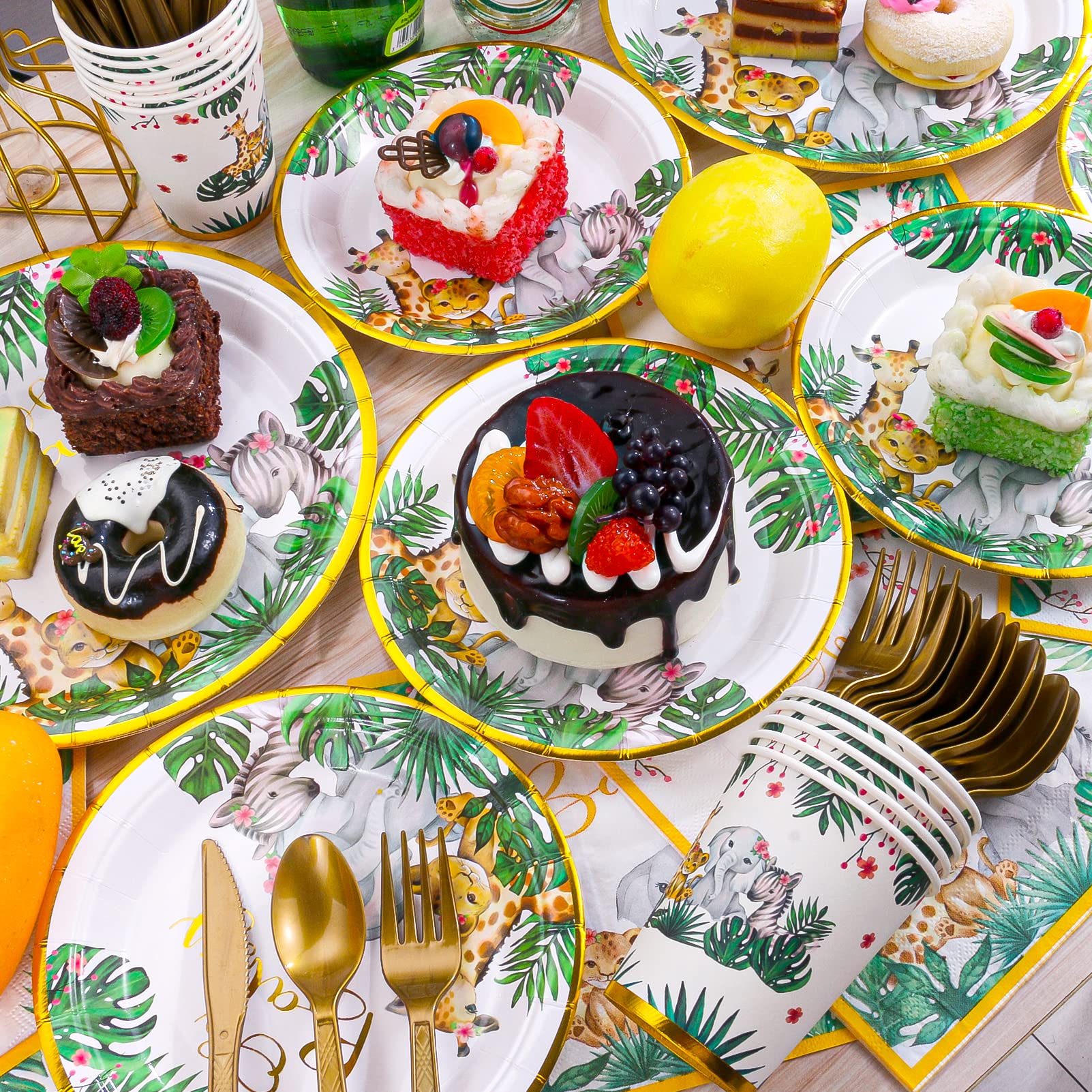 Atonofun Safari Party Supplies Set - 24-Piece Jungle Baby Shower Plates, Cups, Napkins & Cutlery for Safari Birthday Decorations & Jungle Themed Parties - Perfect for Baby Showers, Birthday Celebrations & Wild Animal Theme Events