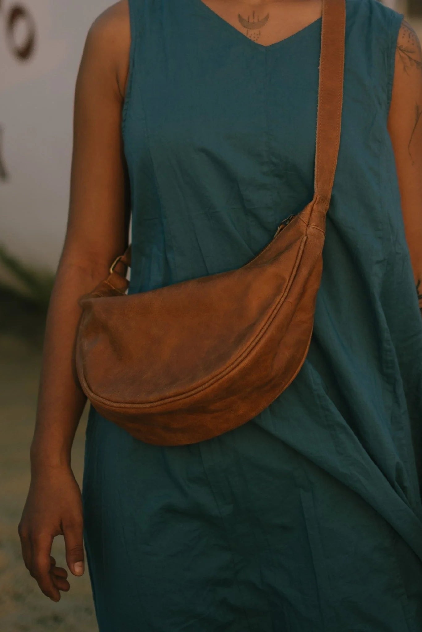 Stylish Leather Moon Sling Bag in Camel Color - Perfect for Women's Casual Outings, Travel & Everyday Use