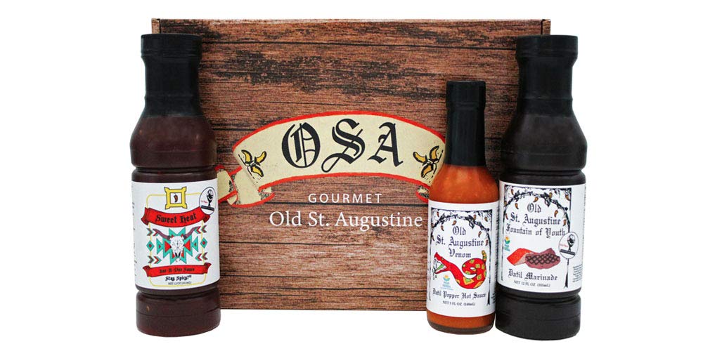 Sweet Heat Bar-B-Que Sauce, Fountain of Youth Datil Marinade & Venom Datil Pepper Hot Sauce Gift Box Set - Perfect for Grilling, Cooking & Spicy Food Lovers
