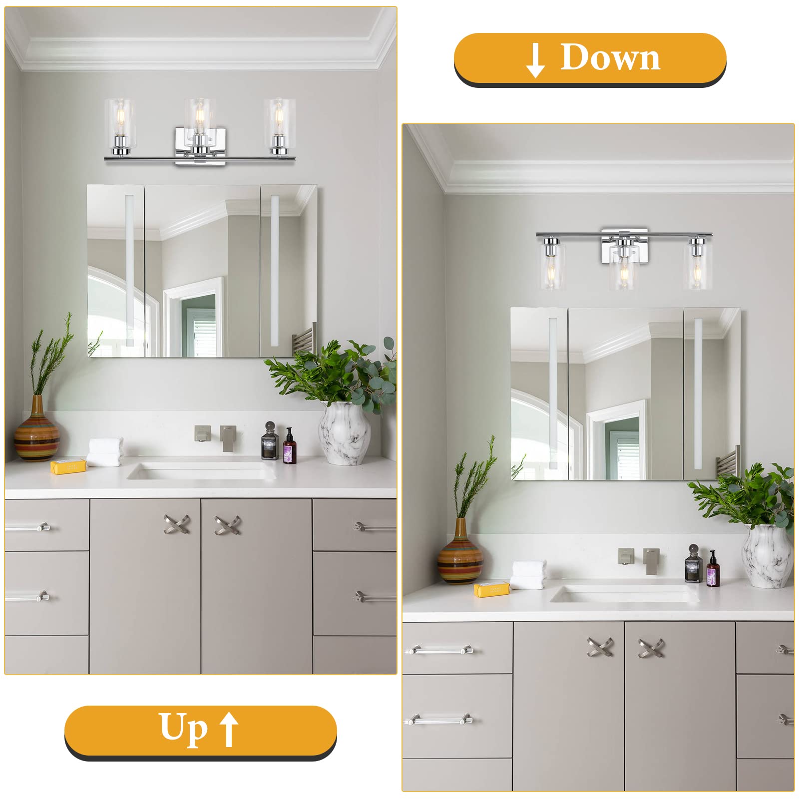 Modern Chrome Bathroom Vanity Light - 3-Light Sconce with Clear Glass for Mirror, Bedroom & Hallway