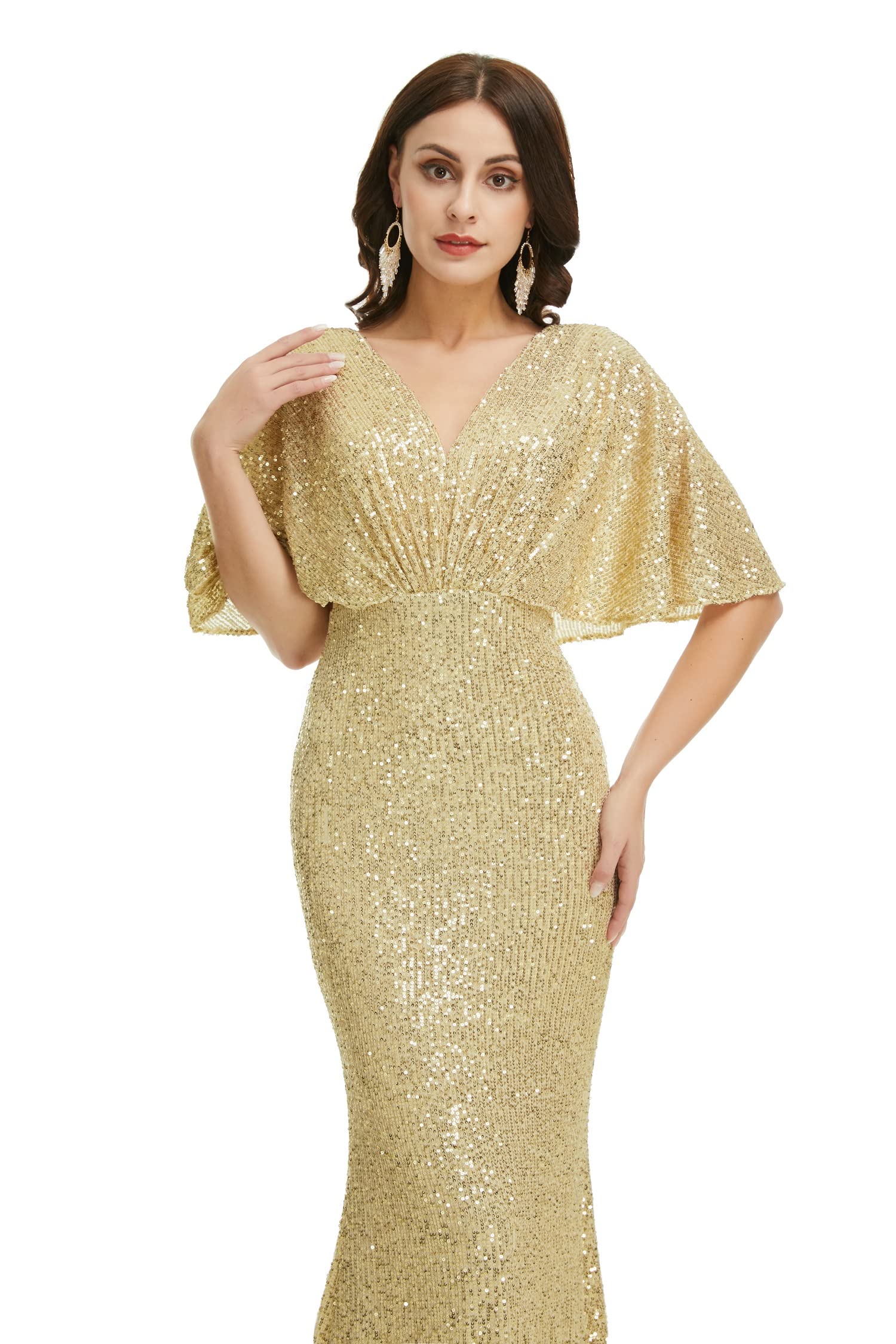 Sparkling Engerla Short Sleeve Sequin Mermaid V-Neck Party Dress - Elegant Formal Prom Gown, Wedding Bride & Bridesmaid Dresses for Evening Events, Cocktail Parties & Special Occasions