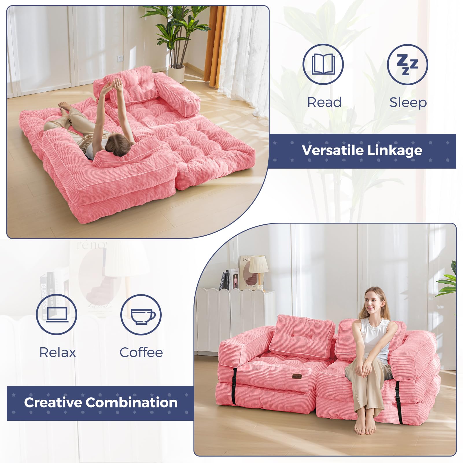 MAXYOYO L-Shaped Folding Sofa Bed - Convertible Sleeper Sofa with Armrests in Pink | Space-Saving Furniture for Small Apartments, Guest Rooms & Home Offices