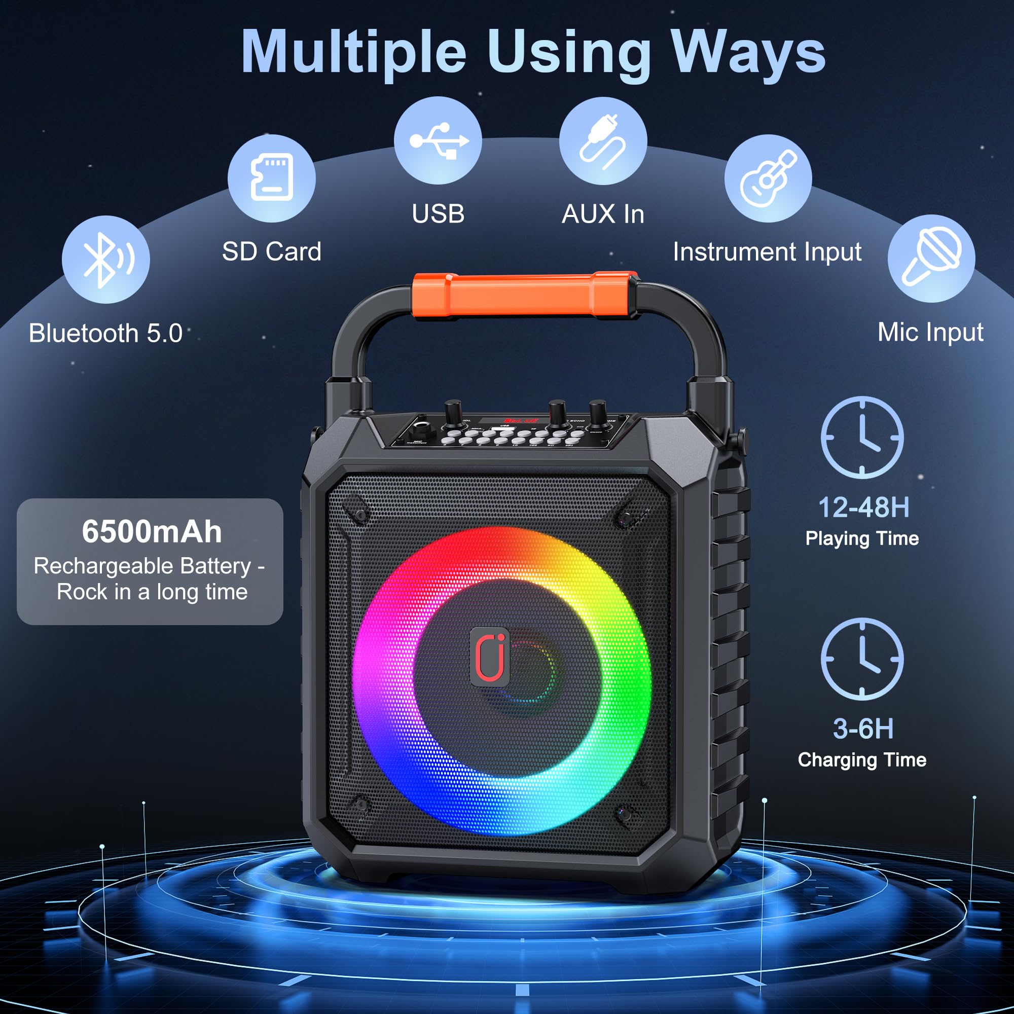 JYX Portable Karaoke Machine with 2 Wireless Microphones - Bluetooth Speaker with LED Lights for Kids & Adults - USB/TF/AUX Input for Home Parties, Outdoor Gatherings & Birthday Celebrations