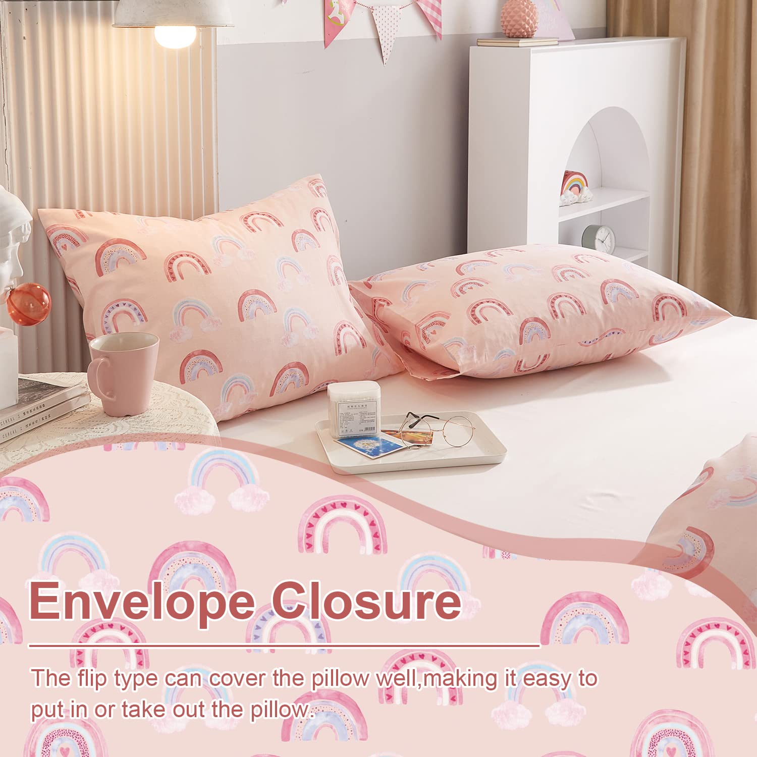 Ivellow Twin Duvet Cover Set - 100% Cotton Rainbow Pink Kawaii Bedding for Girls | Ultra Soft & Breathable 3-Piece Kids Comforter Cover with Cute Cartoon Pattern | Perfect for Toddler, Teen & Kids' Bedrooms, Sleepovers & Nursery Decor