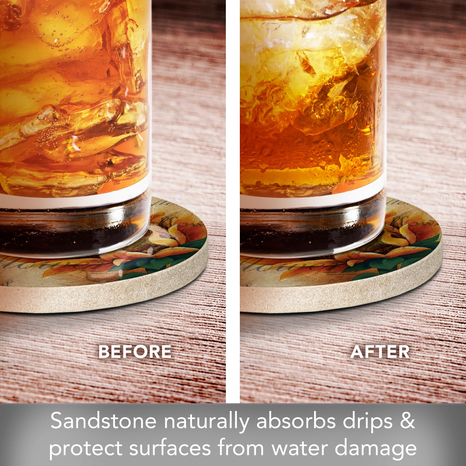 Thirstystone Sunflower II Natural Sandstone Coasters - Set of 4 | Eco-Friendly, Absorbent & Easy to Clean Drink Coasters for Home, Bar, Office & Outdoor Use