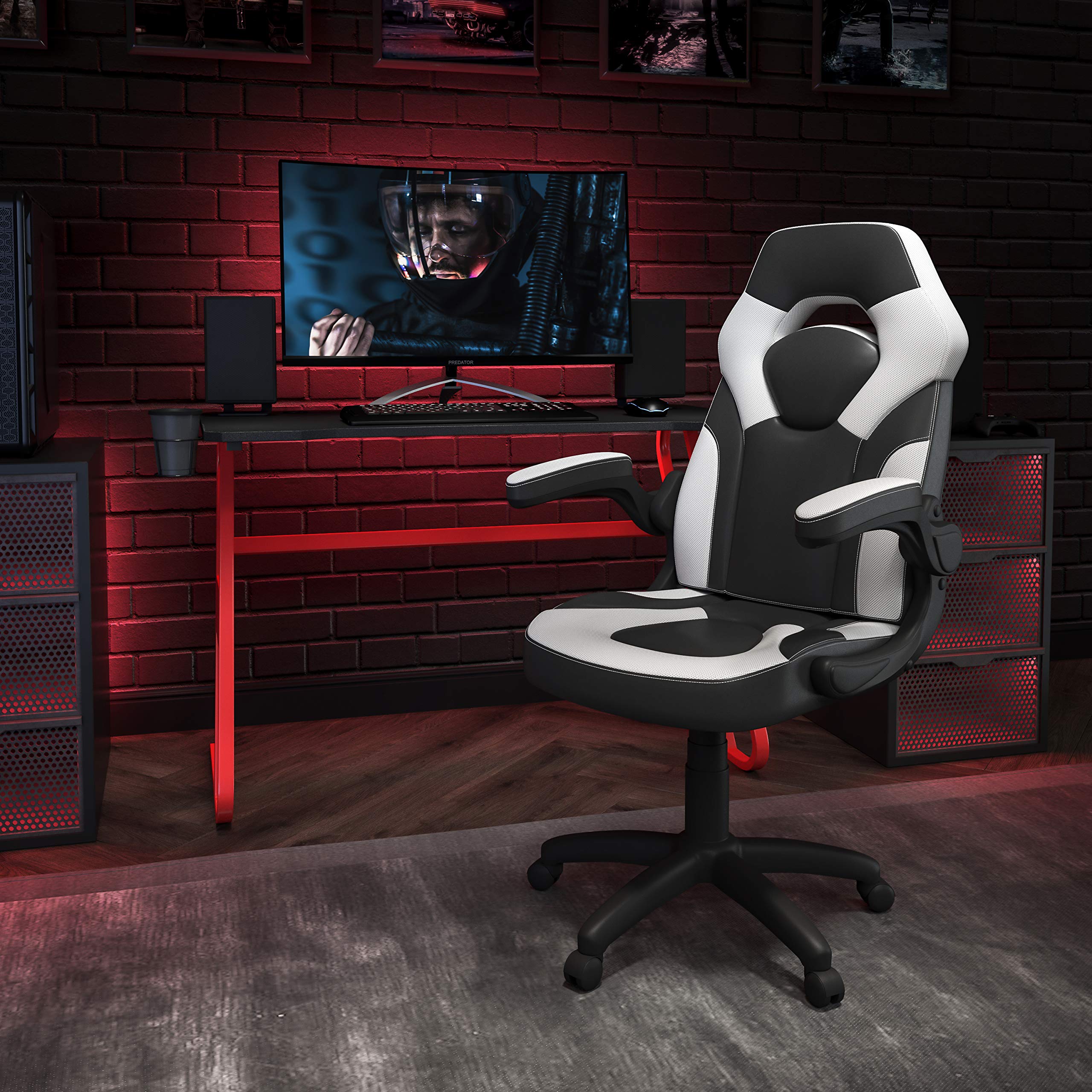 Flash Furniture Red Gaming Desk & White/Black Racing Chair Set with Cup Holder & Headphone Hook - Perfect for Esports, Streaming & Home Office Setup