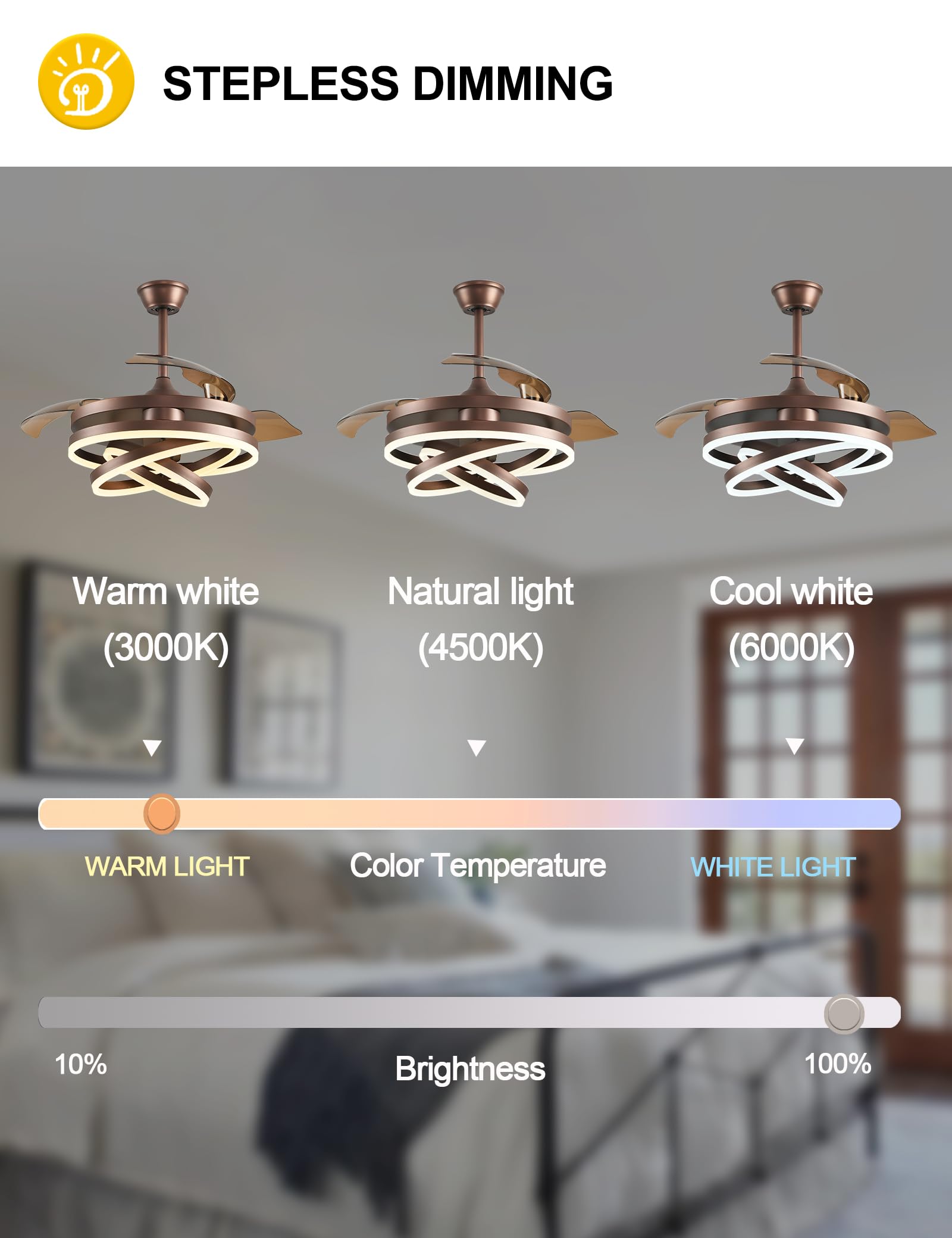 42 Inch Retractable Ceiling Fan with Remote Control - Modern DC Motor Silent Ceiling Fan with Adjustable LED Color Lighting, 6 Speed Settings & Retractable Blades (Brown) - Perfect for Living Room, Bedroom and Office Spaces