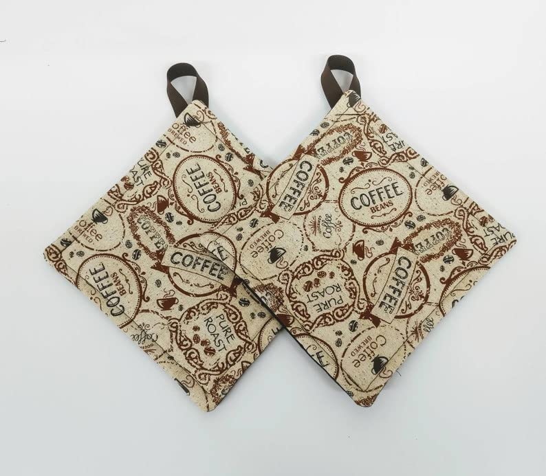 Heat Resistant Kitchen Pot Holder Set - 2 Pack Oven Mitts & Hot Pads for Cooking, Baking, Grilling - Pure Roast Coffee Fabric Print - Perfect for Stovetop, Oven & BBQ Use