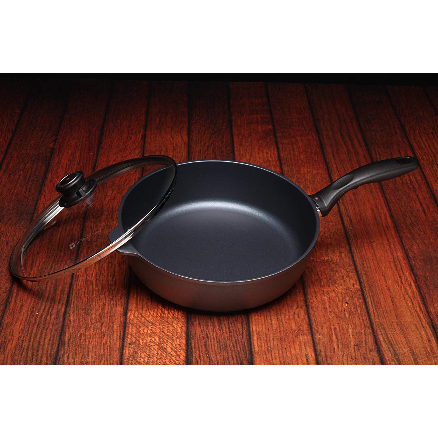 Premium Swiss Diamond Nonstick Saute Pan with Lid - 11 Inch 4.3QT Diamond Coated Aluminum Deep Fry Pan - Stainless Steel Handle - Oven & Dishwasher Safe to 500°F - Perfect for Searing, Stir-Frying & Sauteing Vegetables, Meats & More