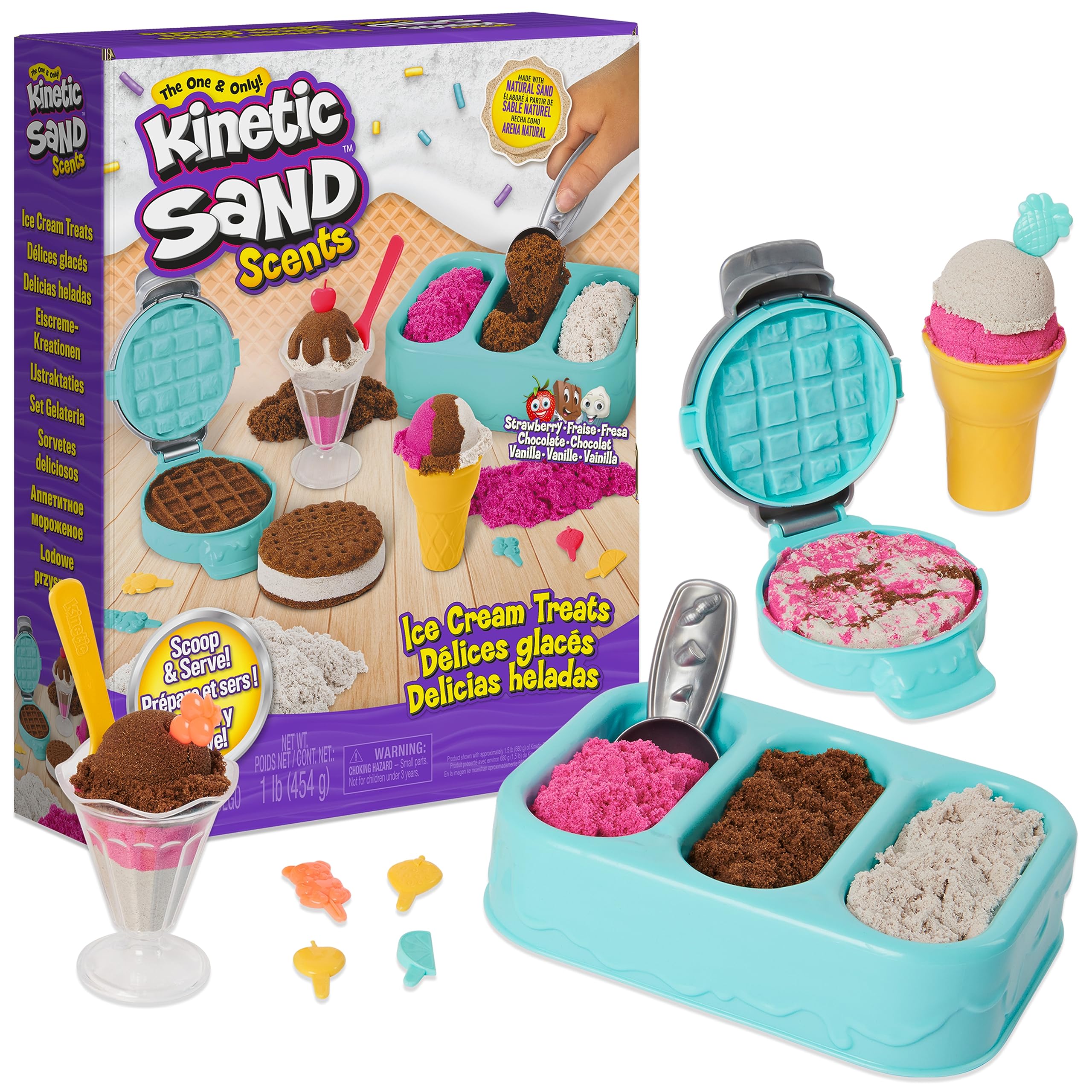 Kinetic Sand Scents Ice Cream Treats Playset - 3 Vibrant Colors & 6 Serving Tools for Sensory Play | Perfect for Kids' Creative Fun & Stress Relief