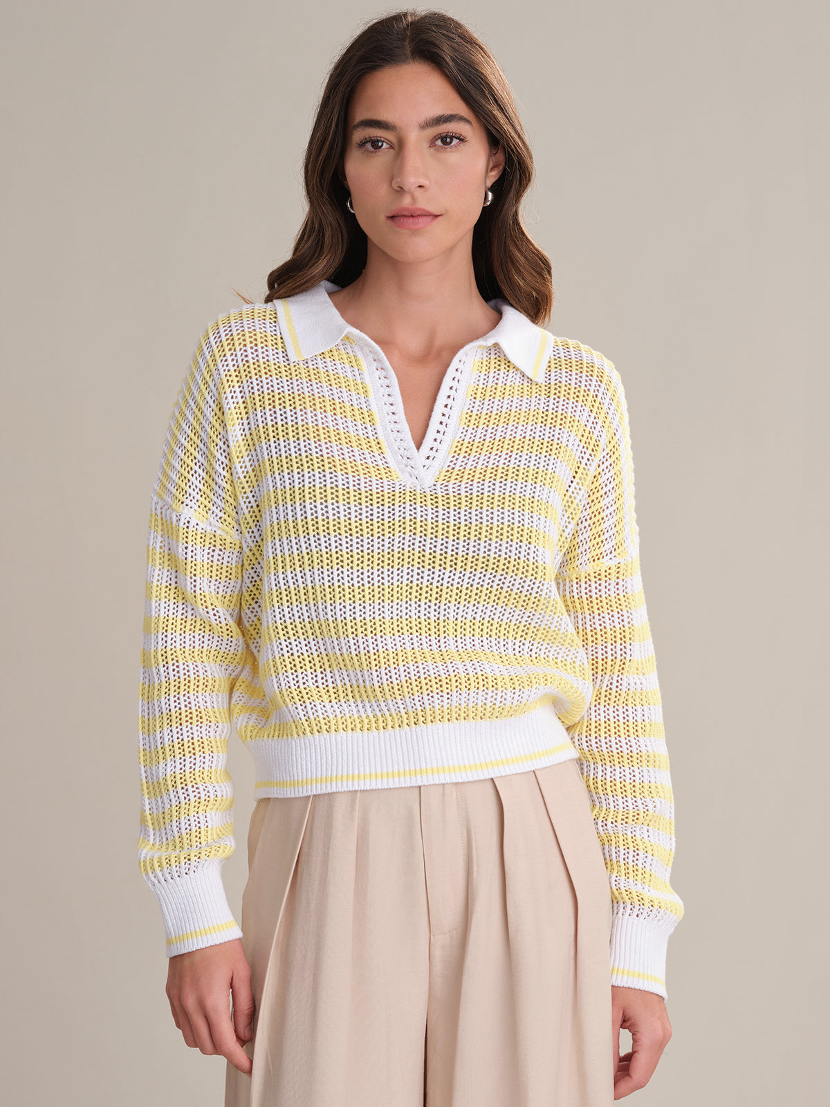 Kimberly Stripe Open Stitch Polo Sweater for Women - Breathable Knit Pullover for Casual Outfits & Office Wear