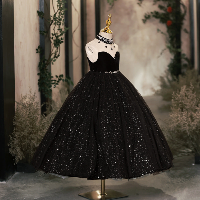 Elegant Black A-Line Flower Girl Dress with Beaded Sequins & Tulle Skirt - Perfect for Weddings, Pageants & Special Occasions