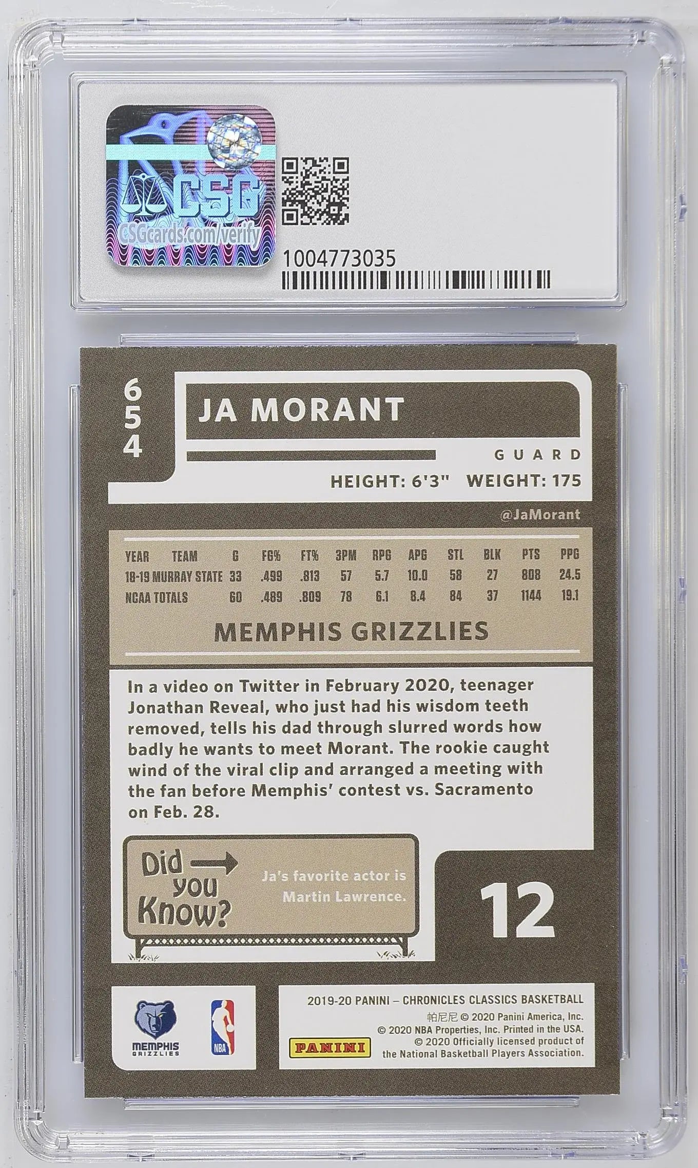 2019-20 Panini Chronicles Ja Morant Rookie Card RC #654 CSG 9.5 Gem Mint - Perfect for NBA Collectors & Basketball Memorabilia Fans
