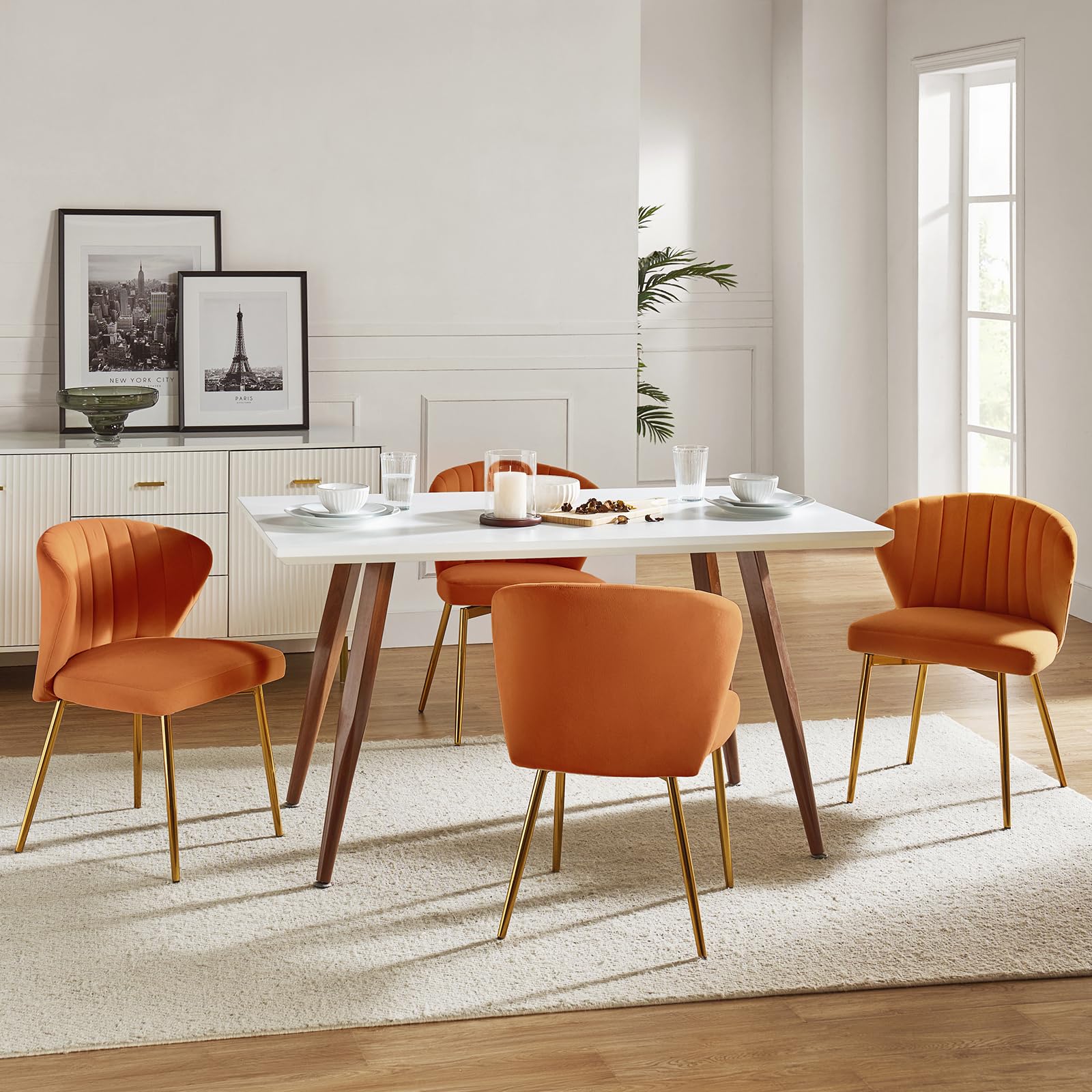 Velvet Dining Chairs Orange - Modern Armless Accent Chair with Gold Metal Legs, Elegant Tufted Back Vanity Chair for Bedroom, Beauty Room, Living Room - Perfect for Home Decor, Salon, and Makeup Area
