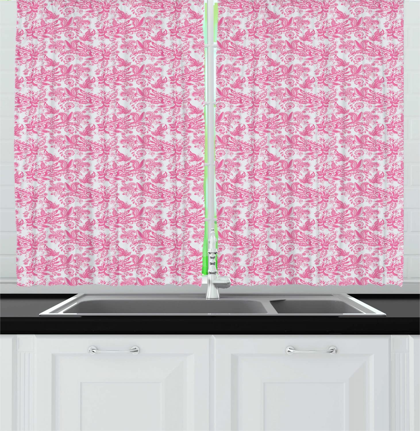 Ambesonne Floral Kitchen Curtains - Pink Paisley Abstract Garden Leaf Print Drapes, 2 Panels with Rod Pocket, 55