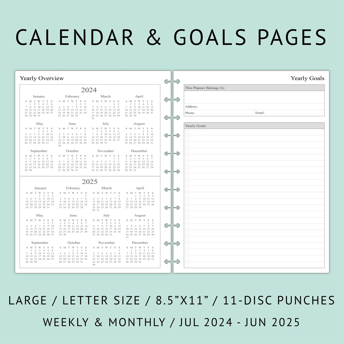 Newestor 2024-2025 Weekly & Monthly Discbound Planner Refills - July 2024 to June 2025 Calendar with 11-Disc Punch Holes - Letter Size 8.5