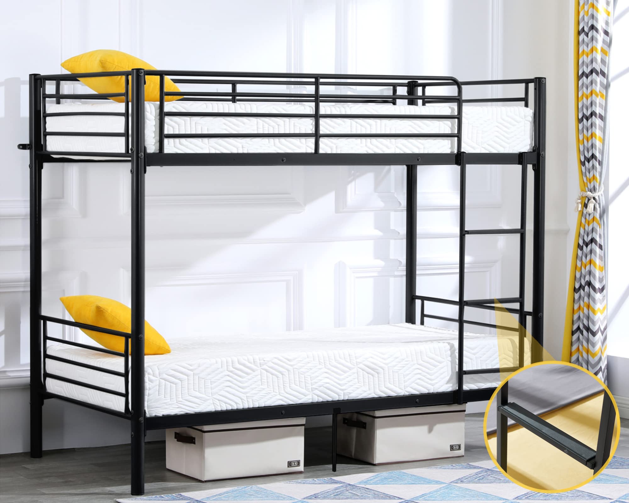 Bonnlo Twin Over Twin Bunk Bed for Kids, Teens & Adults - Heavy Duty Metal Bunk Bed with Flat Ladder & 13