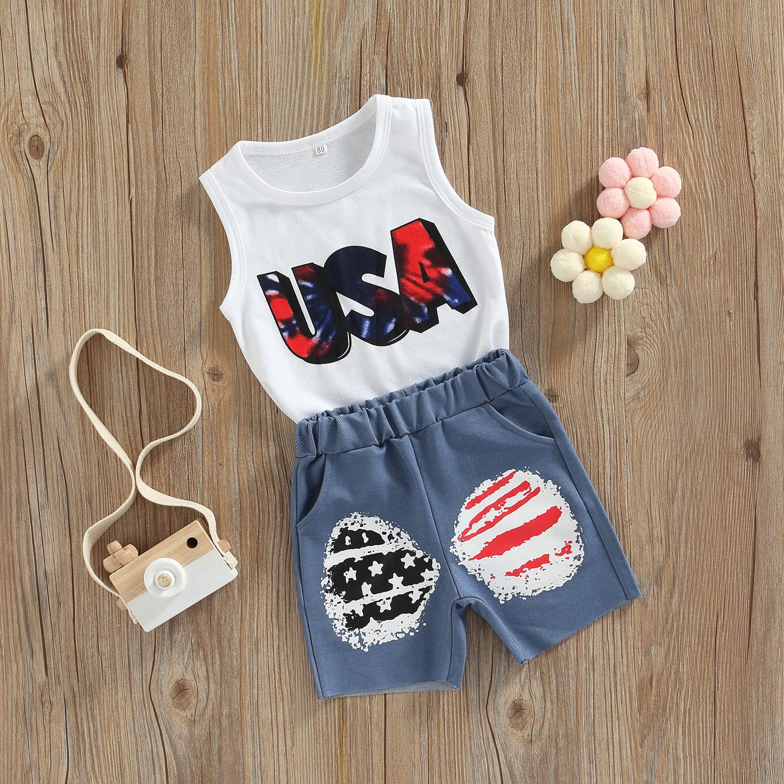 4th of July Baby Boy Outfit - Patriotic USA Flag Sleeveless Tank Top & Denim Shorts 2-Piece Set | Perfect for Independence Day Celebrations, Newborn Photoshoots & Summer Festivals