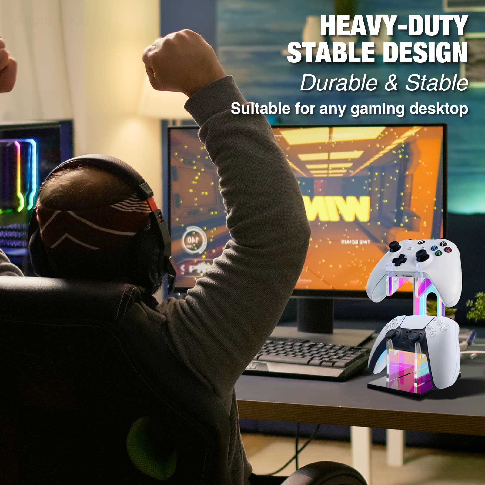 NiHome Iridescent Acrylic 2-Tier Universal Game Controller & Headset Holder Stand for PS5, Xbox ONE, Switch - Colorful Gaming Accessories with Anti-Slip Base | Perfect for Gaming Setup, Desk Organization & Displaying Controllers