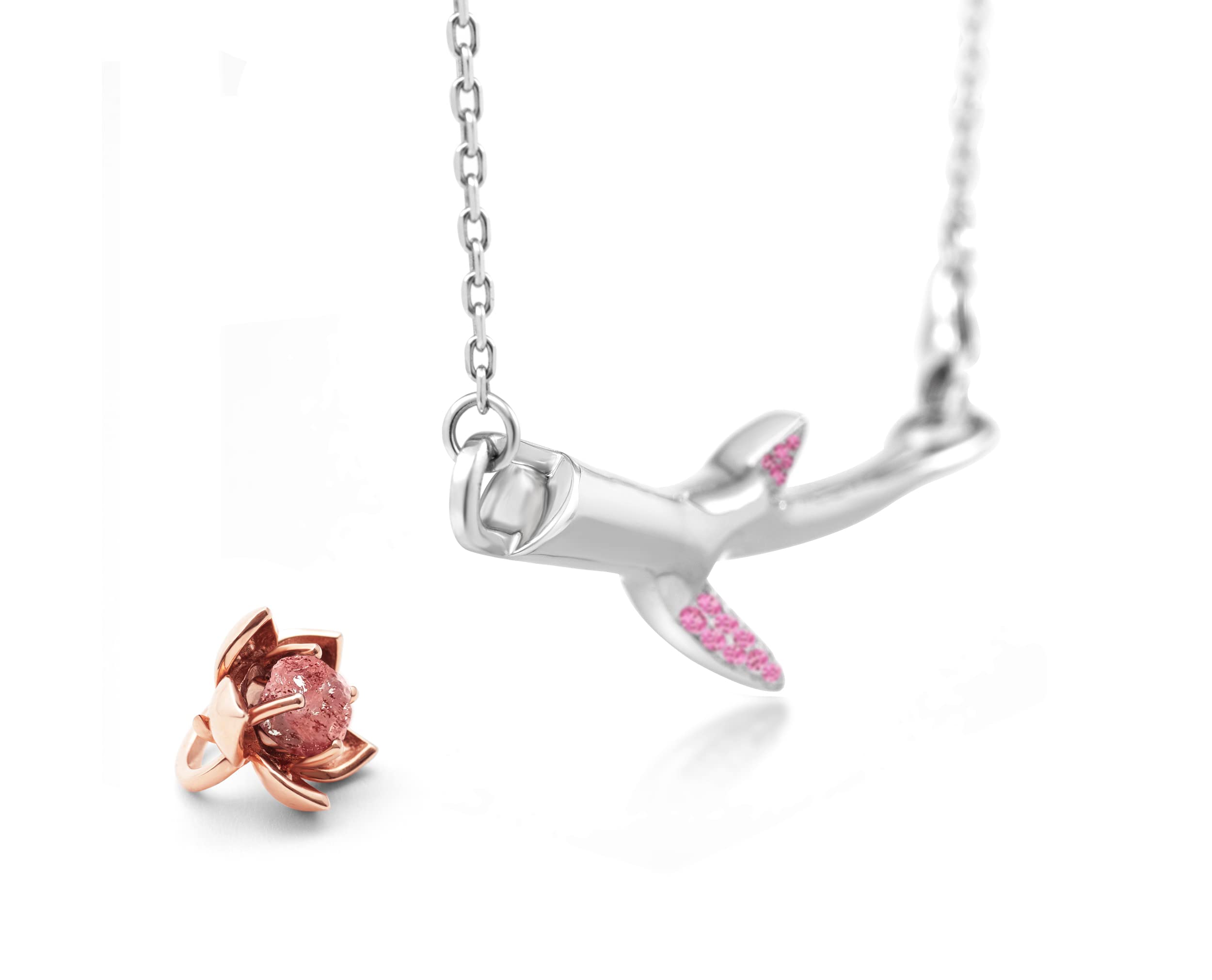 Pink Sapphire Vertical Bar Necklace - Flower Horizontal Silver Tree Pendant - Raw Rose Quartz Floral Sakura Thorn Jewelry for Women, Elegant Gift for Valentine's Day, Anniversary & Special Occasions